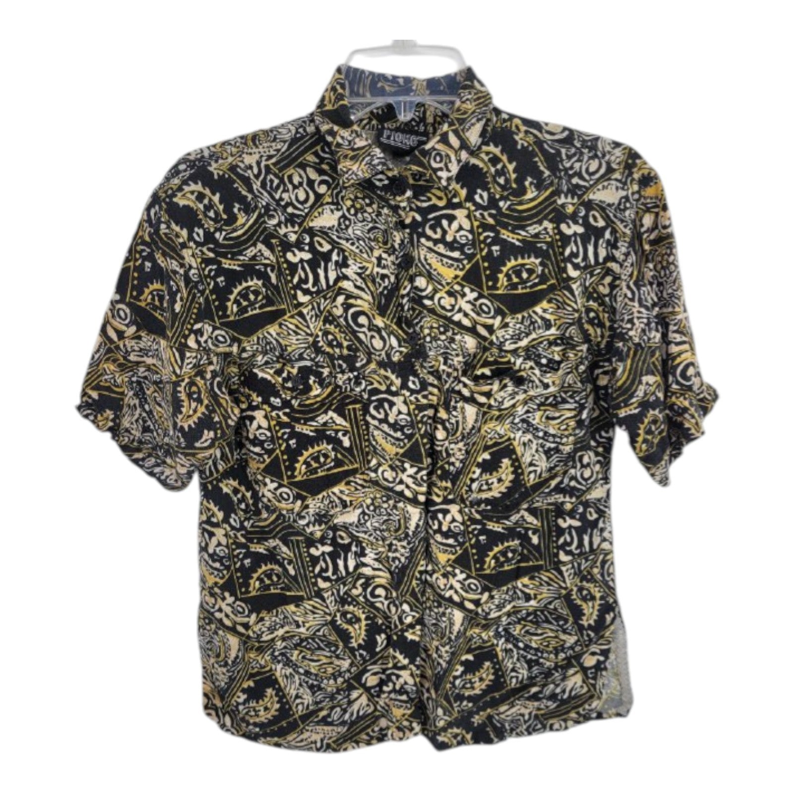 PIOKO Men's Black Yellow Abstract Pattern Rayon Button Shirt Size M