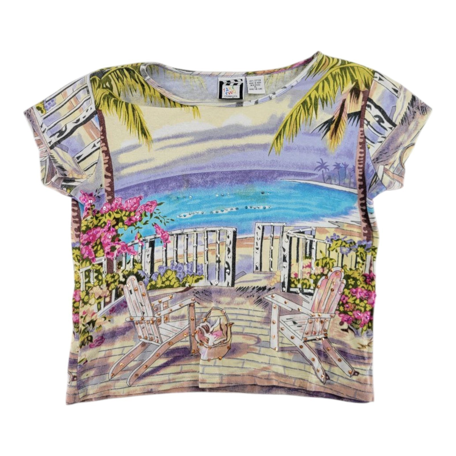 Take Two Clothing Co Beach Scene Embellished Crop Top PL Petite Large