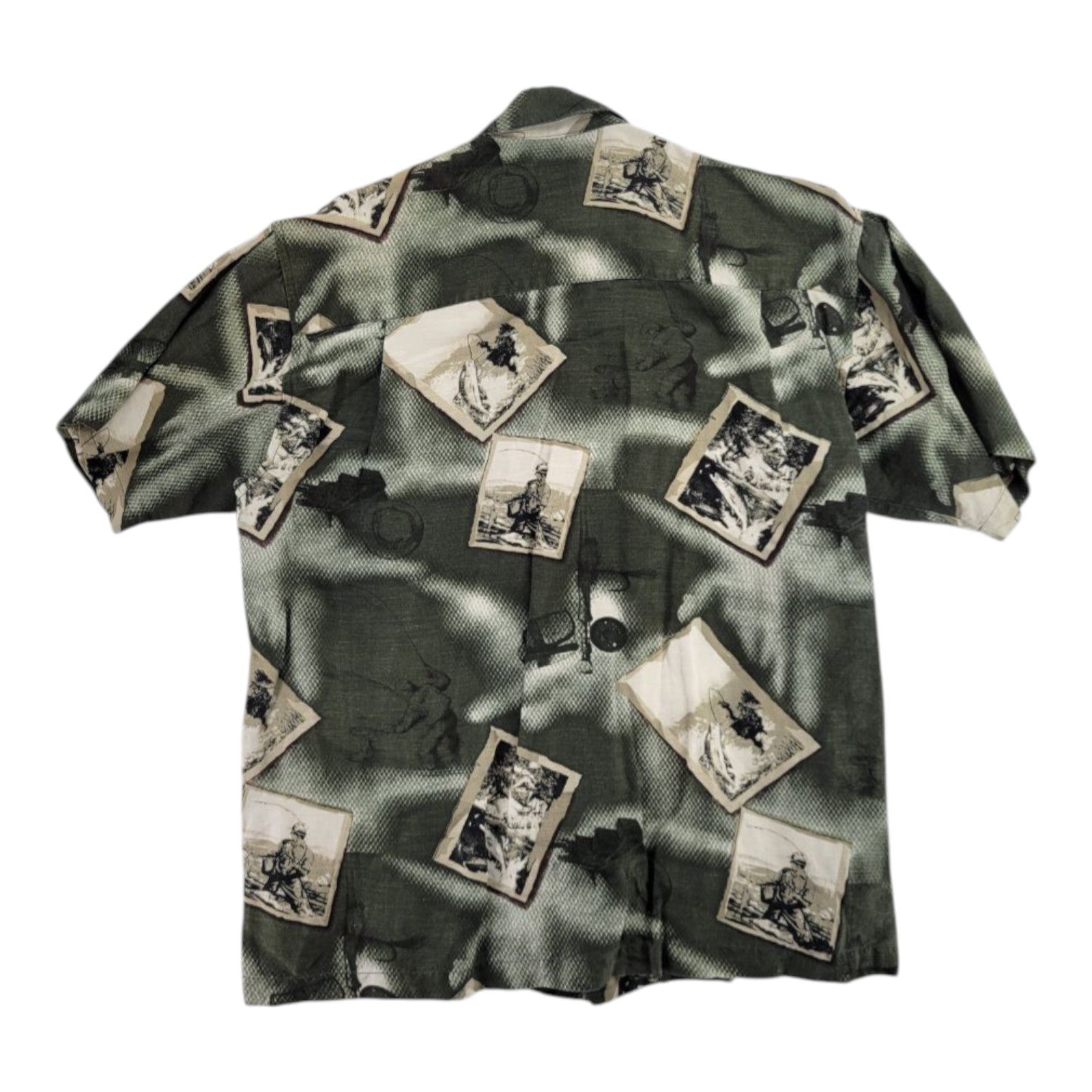 Field & Stream Fishing Print Button Front Shirt Green Linen Blend Men's M