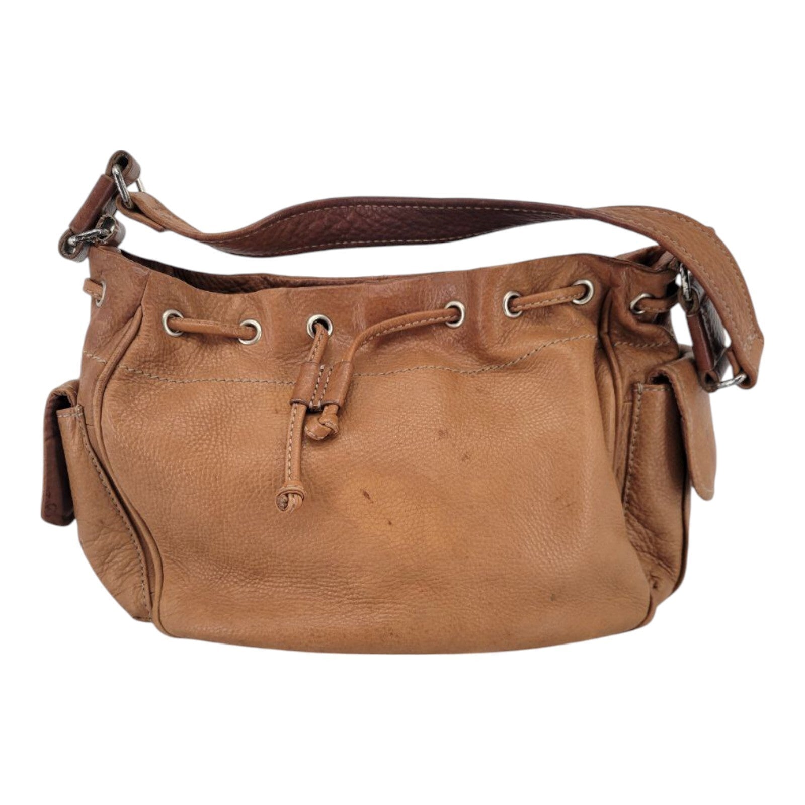 Fossil 75082 Womens Brown Leather Adjustable Strap Drawstring Shoulder Handbag