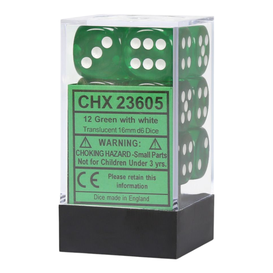 Chessex d6 Cube 16mm Translucent Green with White Pips 12 Dice