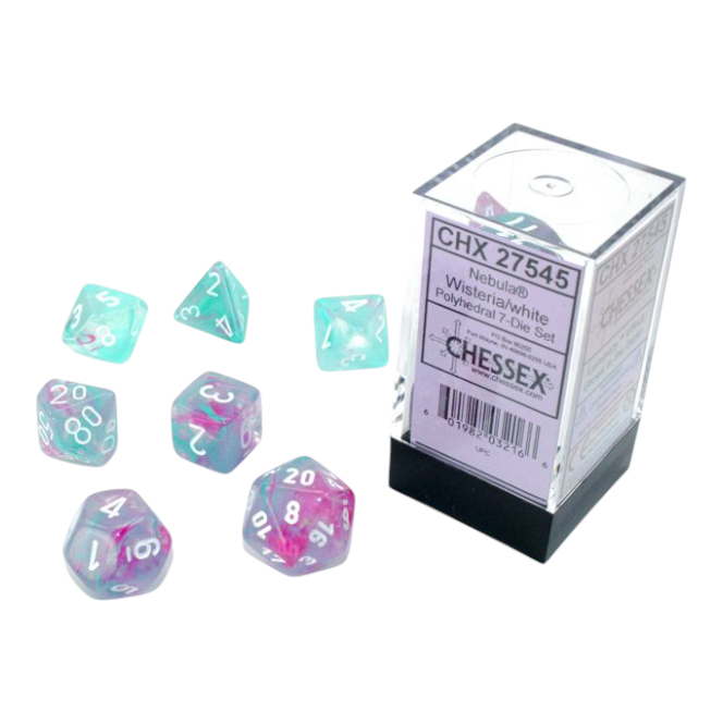 Chessex Luminary Nebula Wisteria 7 Dice Set Cube with White Numbers