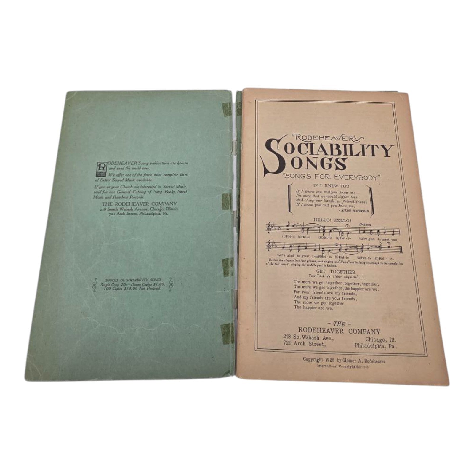 Rodeheaver Co. Sociability Songs Songbook For Community School & Home 1928