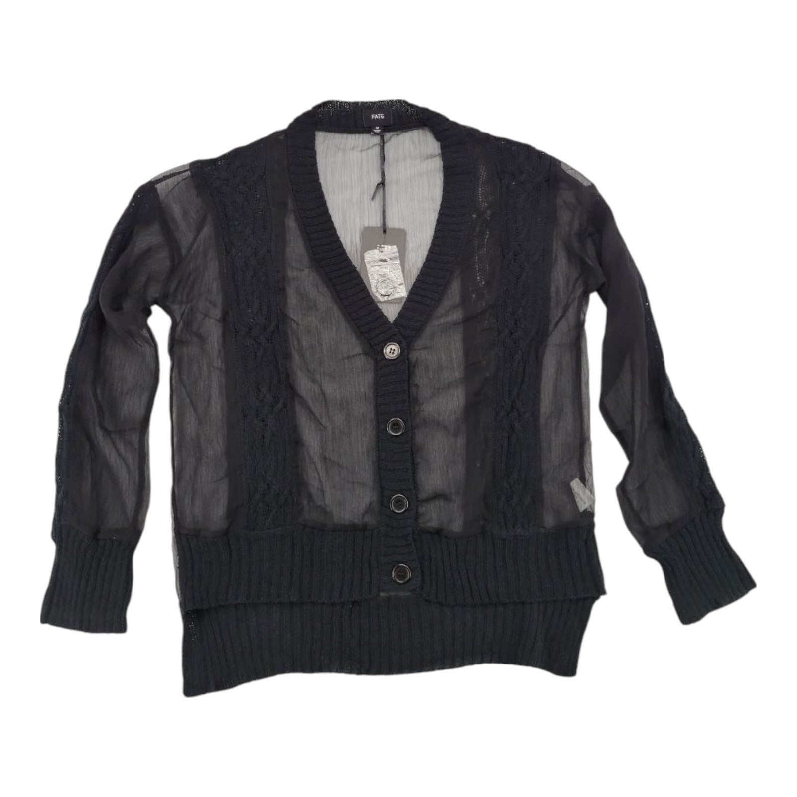 Fate Womens Black Sheer Knit Cardigan Sweater Button Front Long Sleeve M