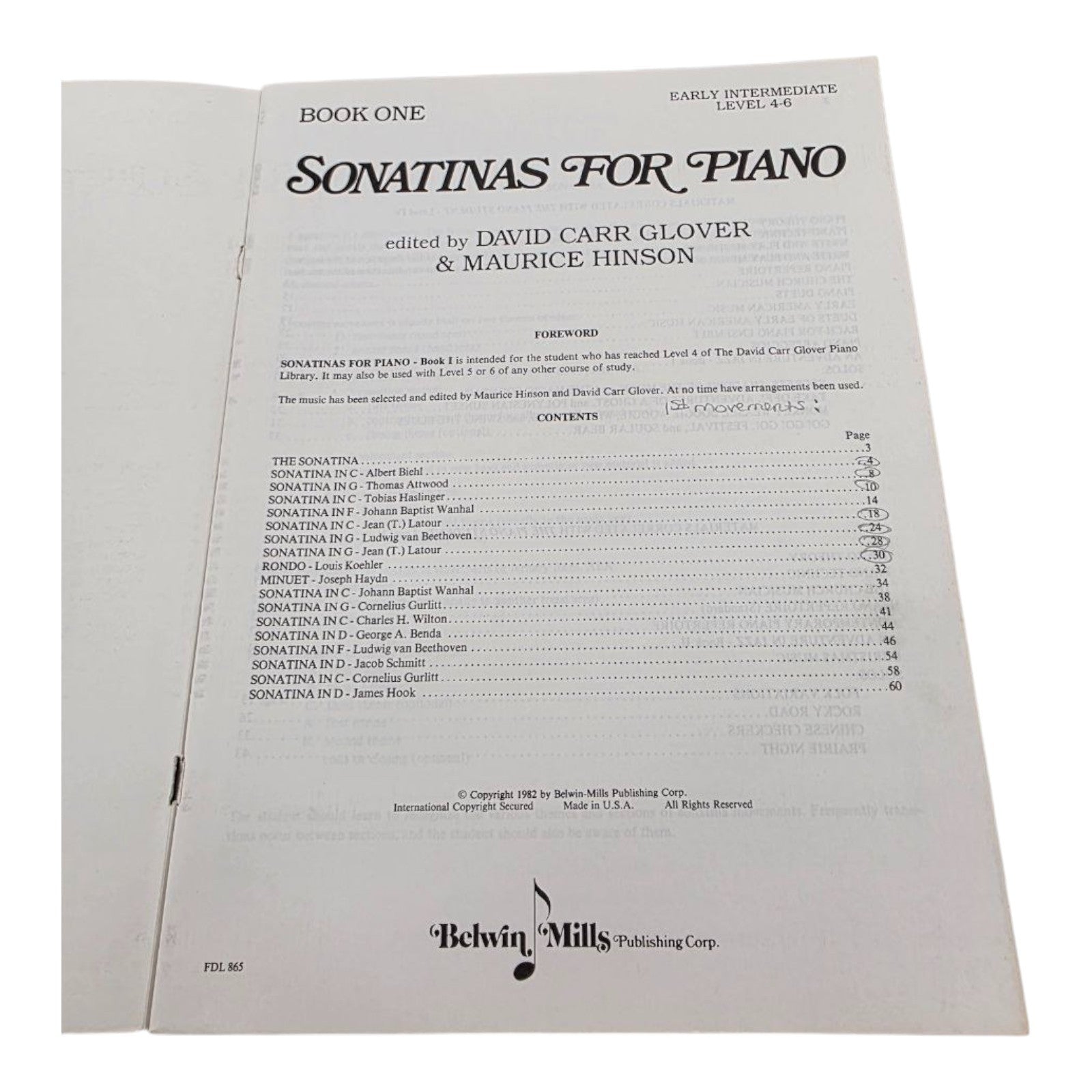 Sonatinas for Piano Book One Early Intermediate Levels 4-6 Belwin Mills 1982