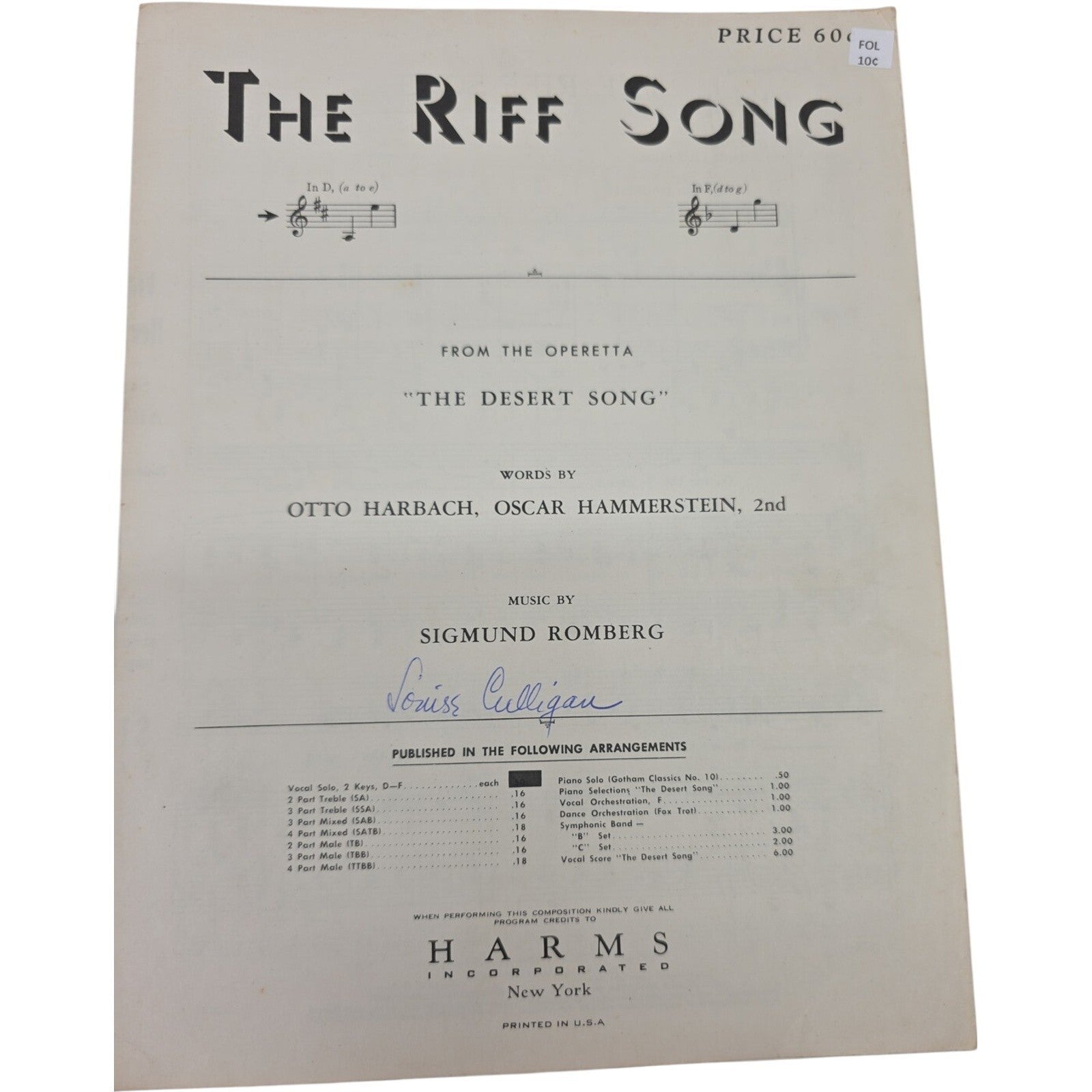 1926 The Riff Song Sheet Music by Romberg Harbach & Hammerstein The Desert Song