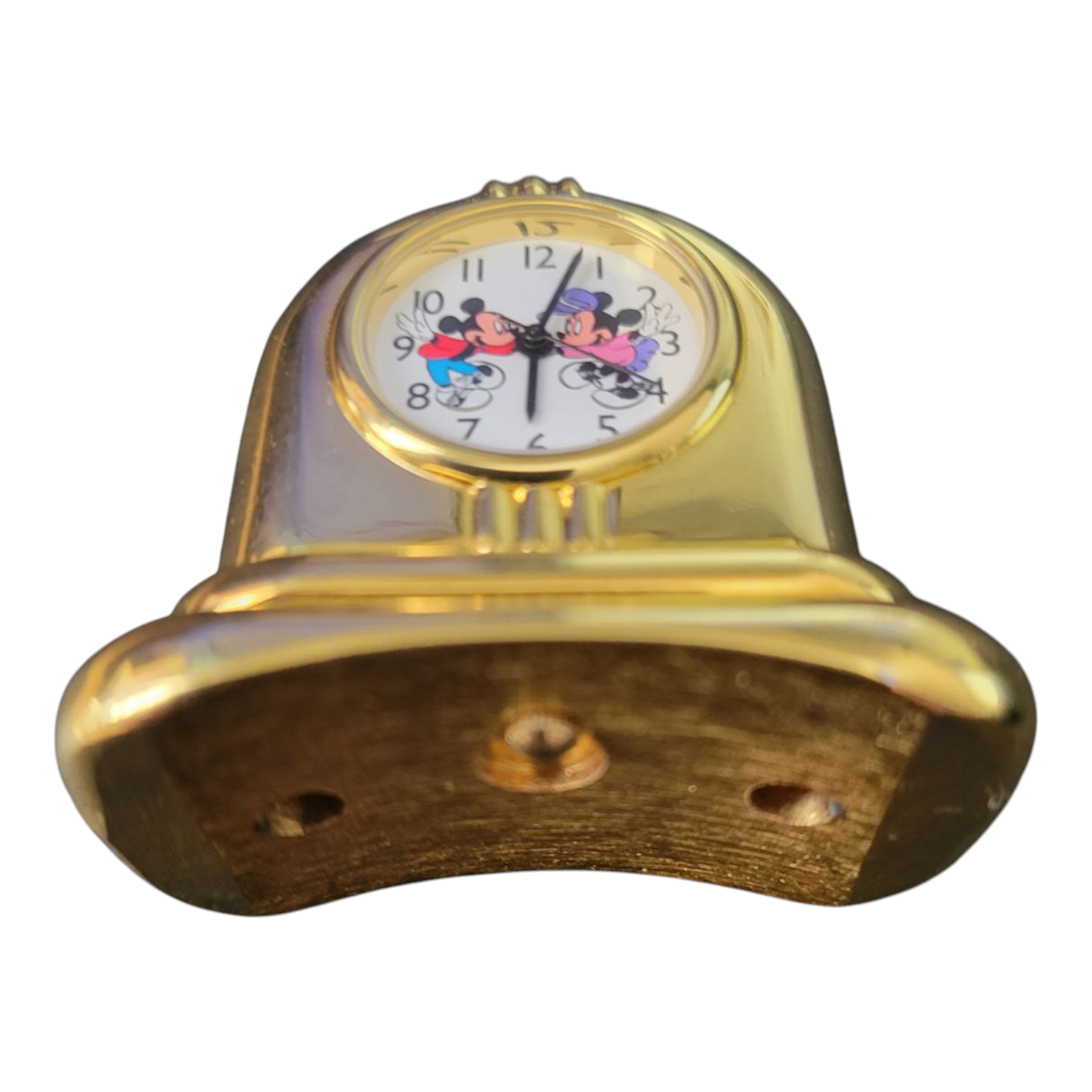 Disney Mickey Mouse Minnie 2" Miniature Mantle Radio Clock Gold Tone Sock Hop