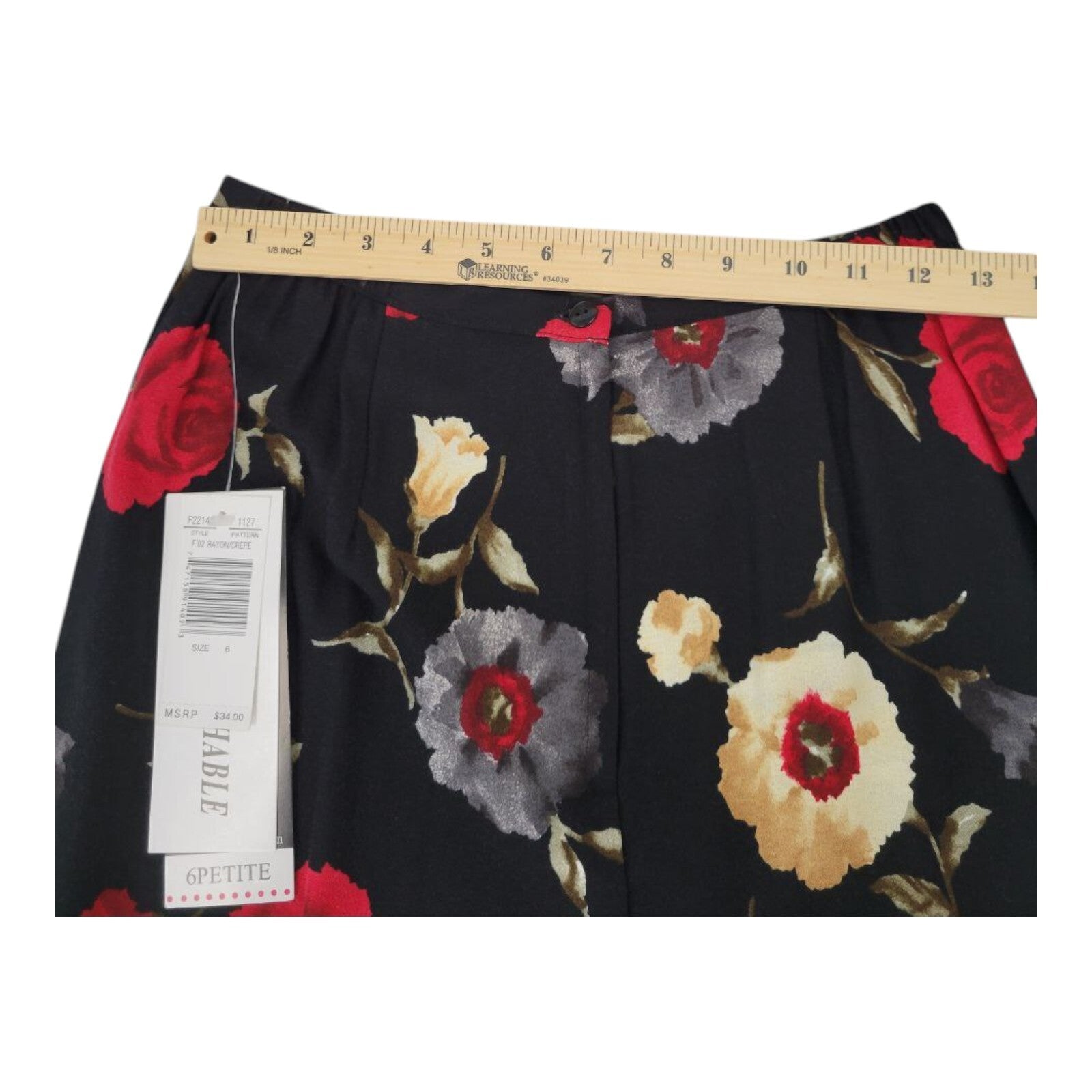 Sag Harbor Petite Black Floral A-Line Midi Skirt Rayon Crepe Size 6