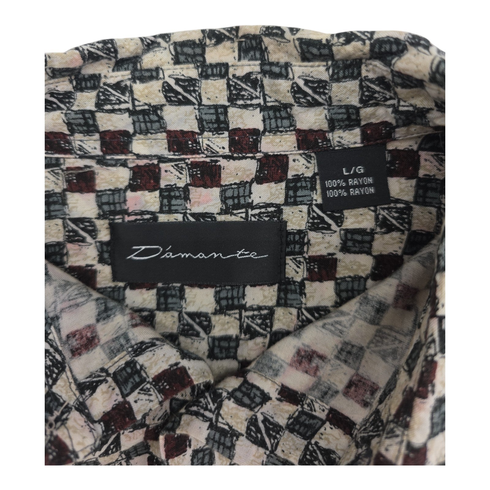 Damante Geometric Checkerboard Button-Up Shirt Rayon Long Sleeve Men’s L