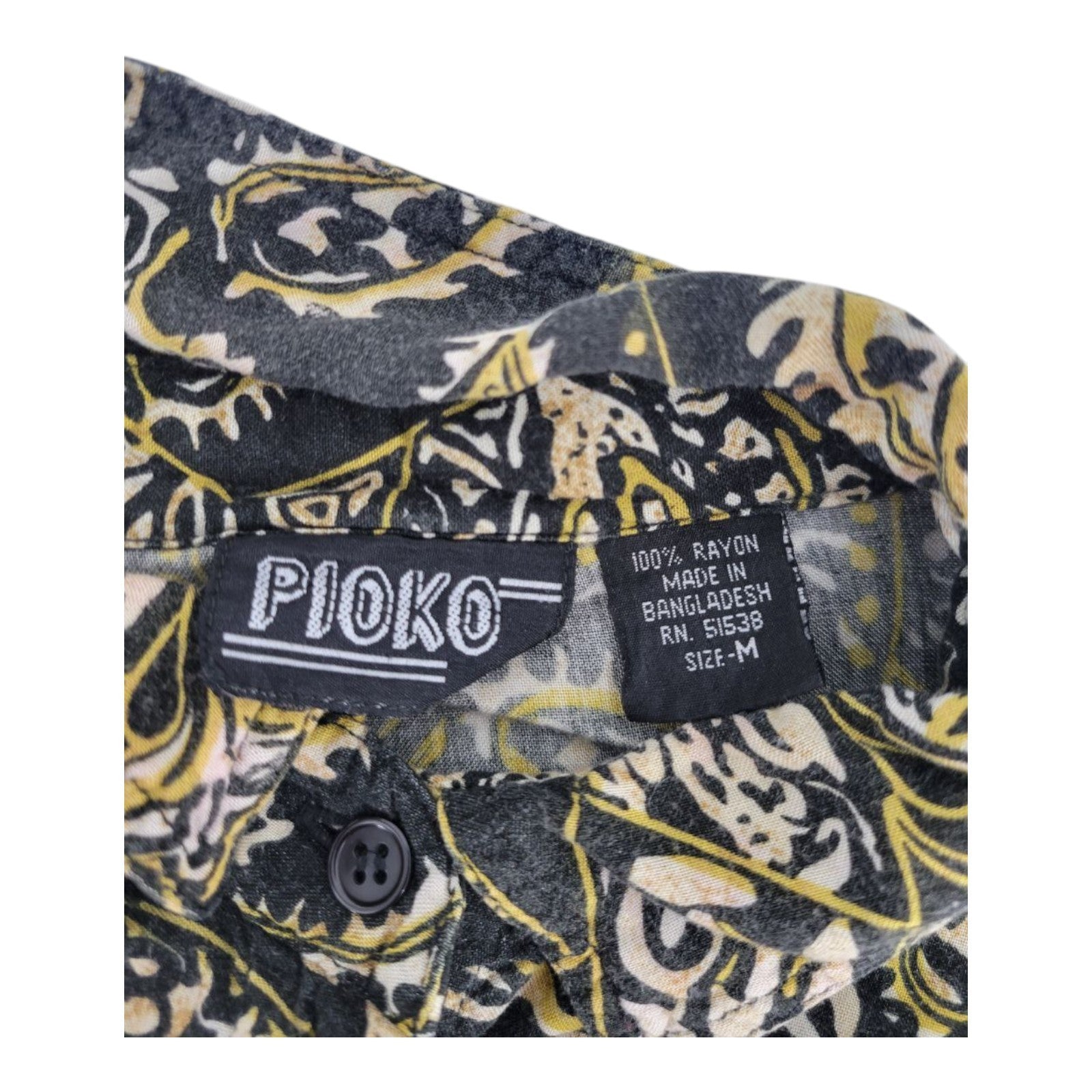 PIOKO Men's Black Yellow Abstract Pattern Rayon Button Shirt Size M