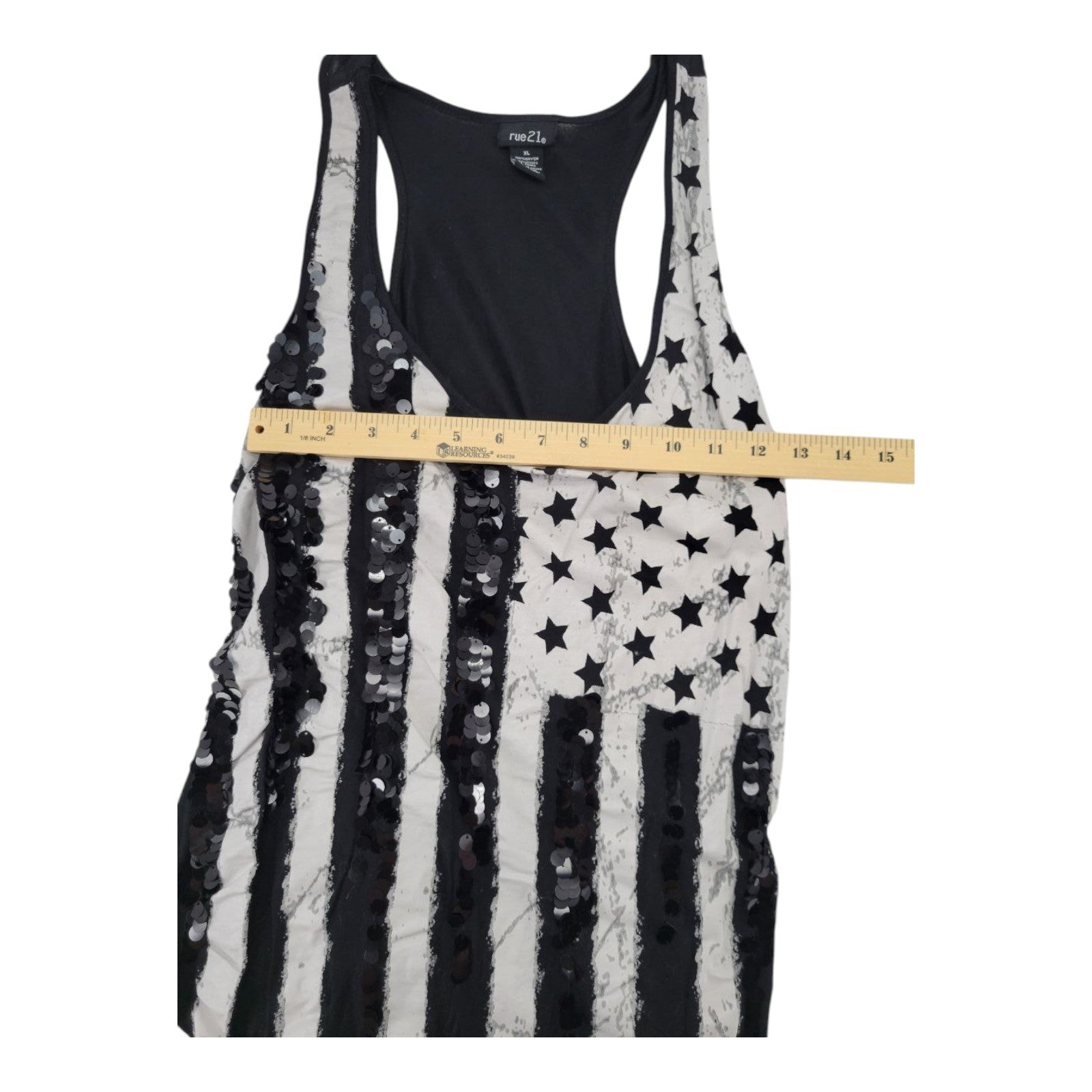 Rue 21 Womens American Flag Sequin Tank Top Racerback Stars Stripes Black XL