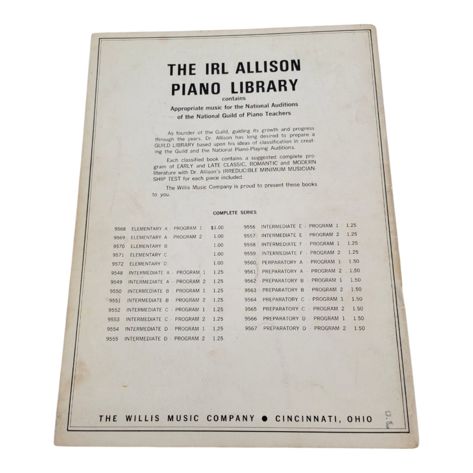 IRL Allison Piano Library Intermediate E Program 1 Willis Music Co. Sheet Music