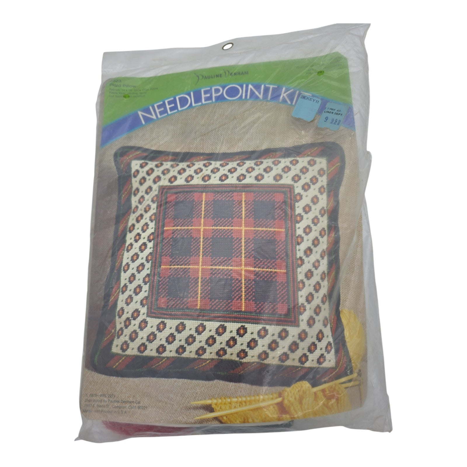 Needlepoint Pillow Kit 1973 Pauline Denham Plaid
