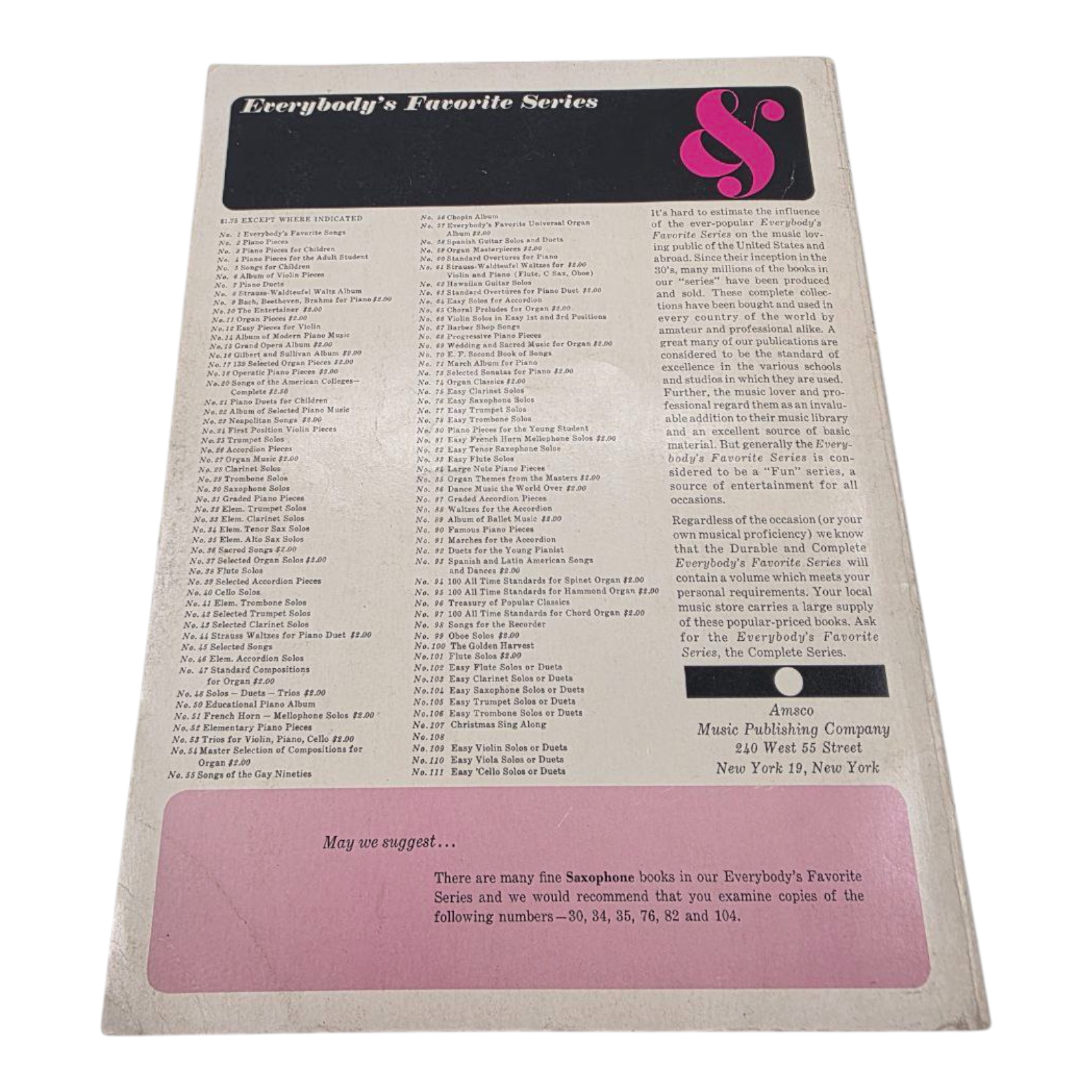 Everybodys Favorite Series No 34 Elementary Tenor Saxophone Solos 1940