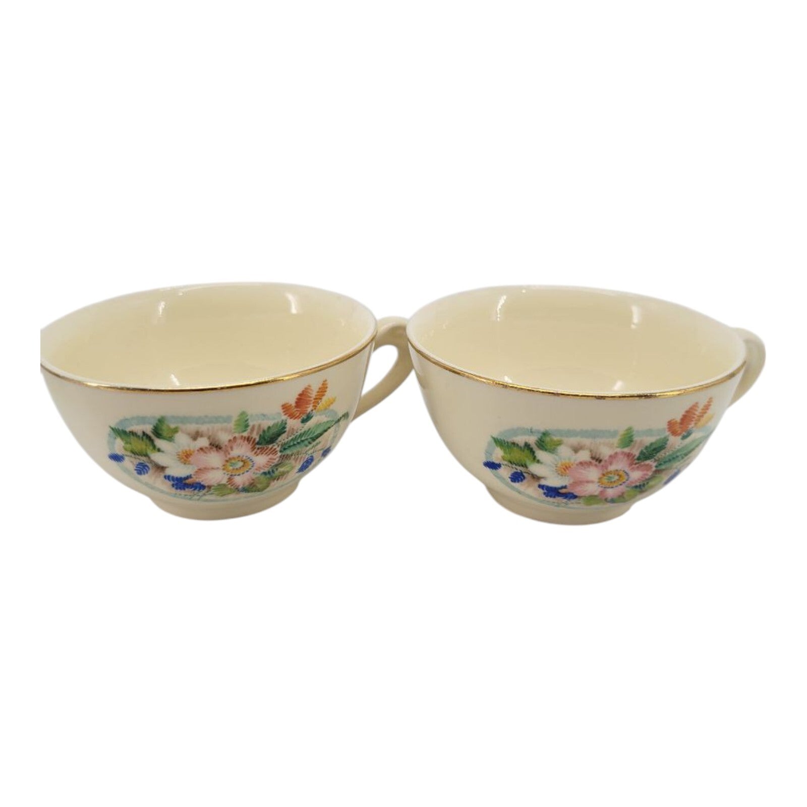 Vintage Floral Ivory Ceramic Teacups Set of 3 with Gold Rim Hand Painted