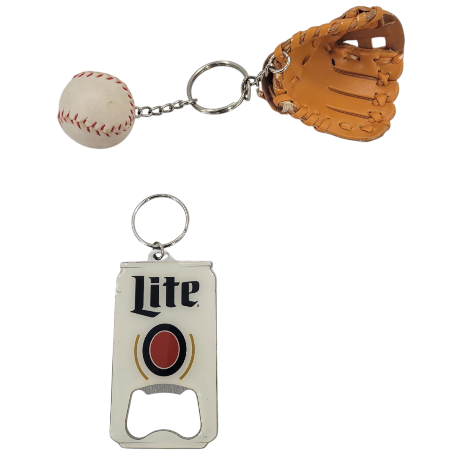 Lot of 2 Keychains Baseball Glove Ball & Miller Lite Bottle Opener Bar Tool