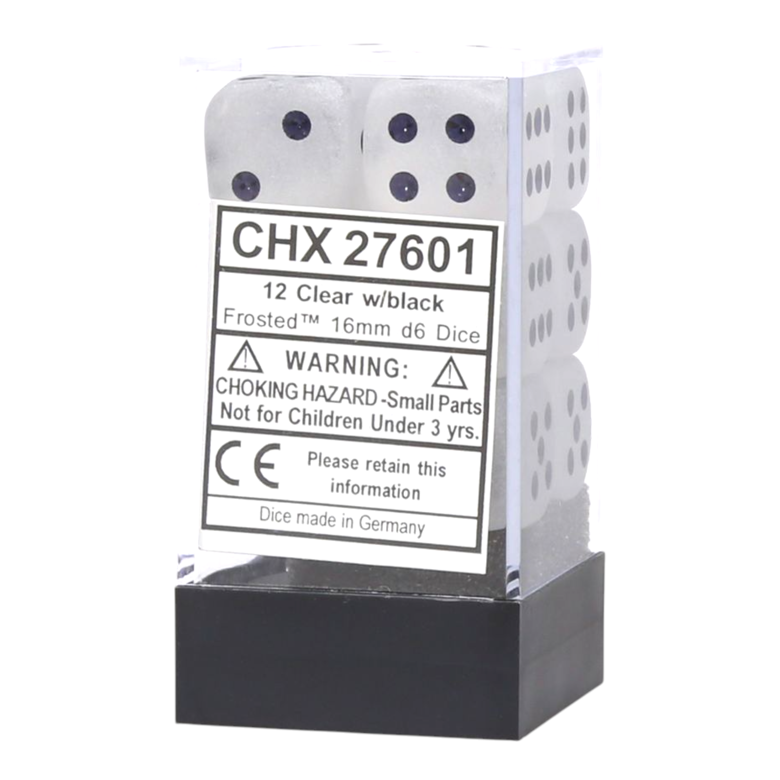 Chessex d6 Cube 16mm Frosted Clear with Black Pip 12 Dice