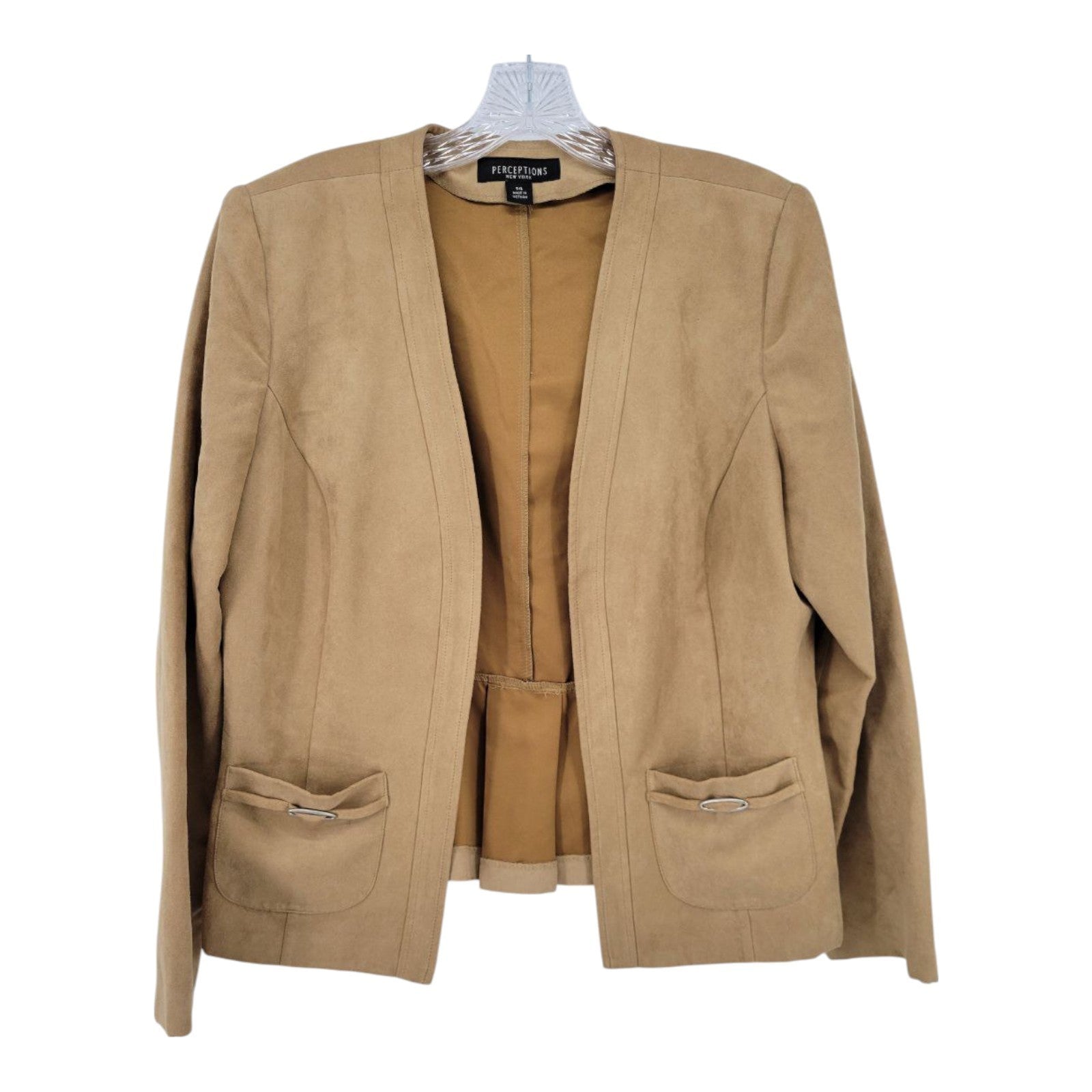 Perceptions New York Womens Camel Brown Faux Suede Open Front Blazer Size 14