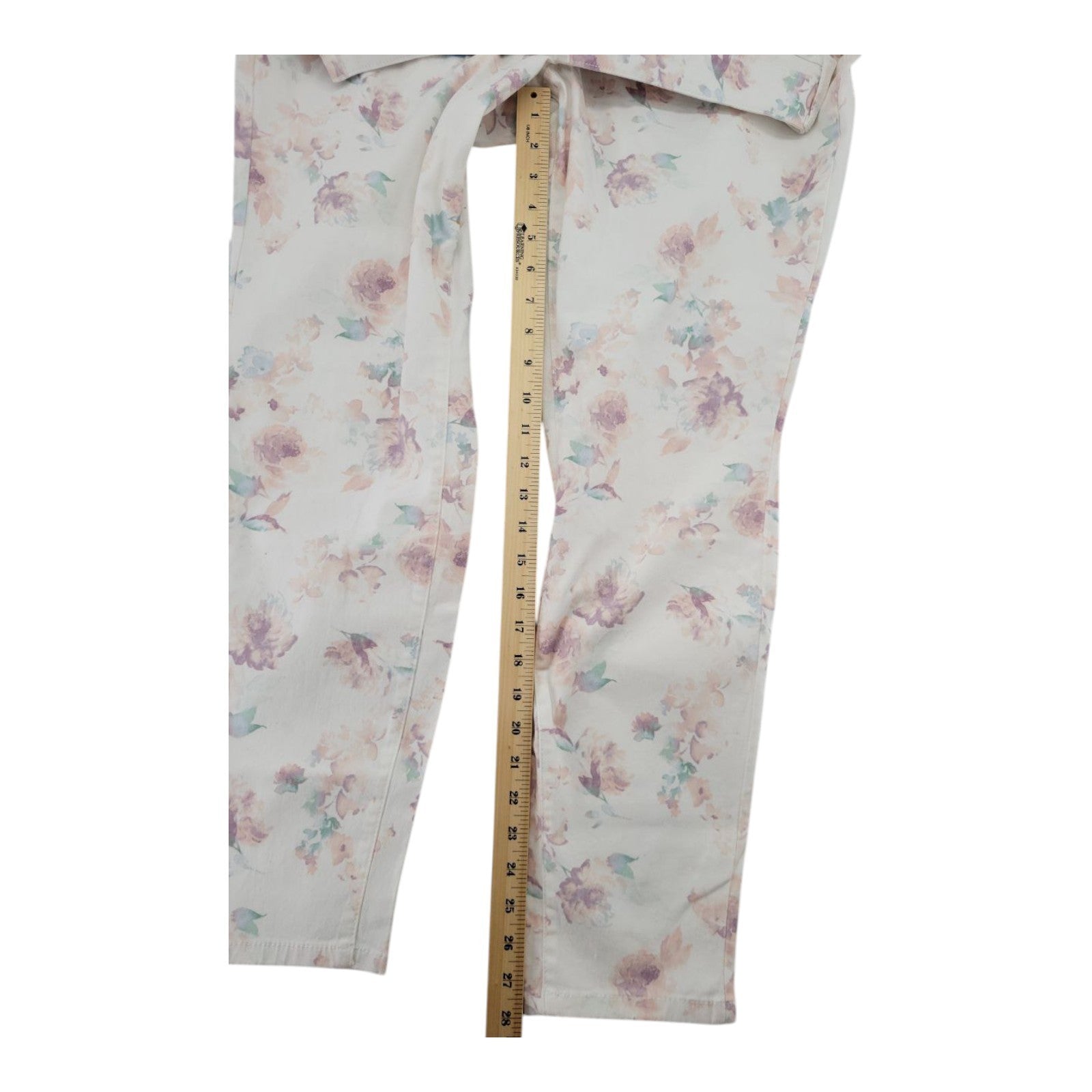 Style & Co Women's Curvy Skinny Jeans 12 Cream Floral Mid Rise Tummy Control