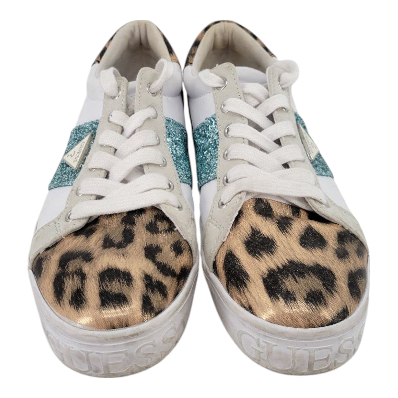 GUESS Glitter Leopard Print Sneakers ASTRAY3 White Blue Womens 8.5 M