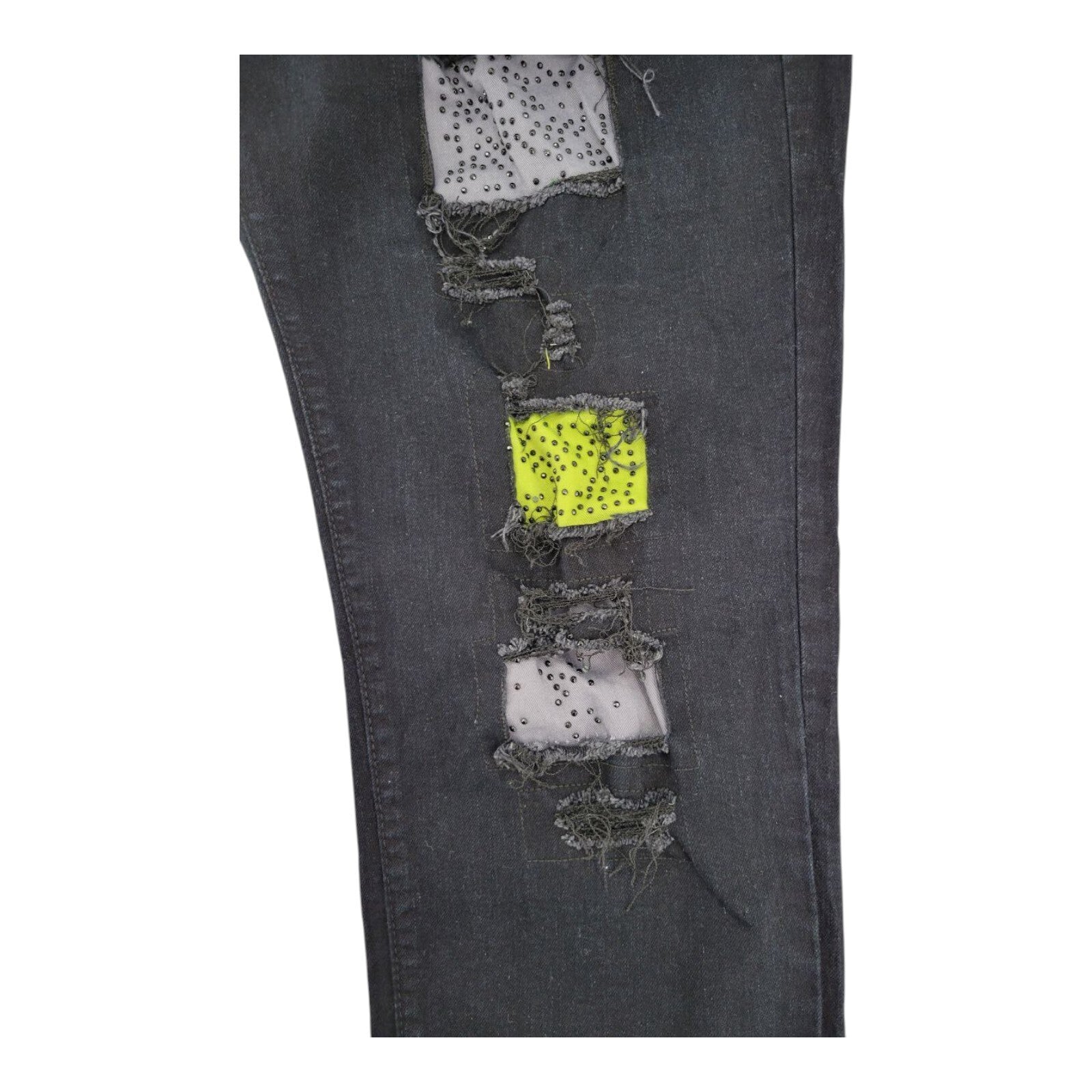 GS115 Black Distressed Denim Jeans Neon Patchwork Stud Detail Mens Size 38
