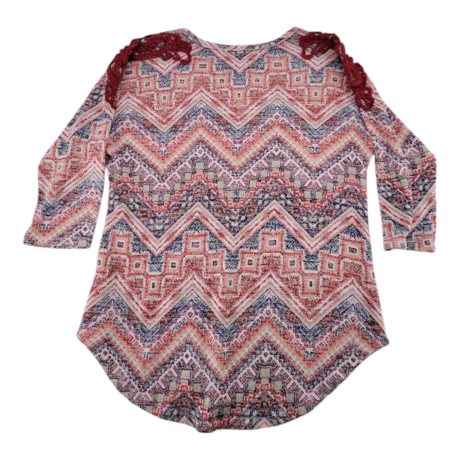 Absolutely Famous Women's L Chevron Knit Top Red Lace Shoulder Detail
