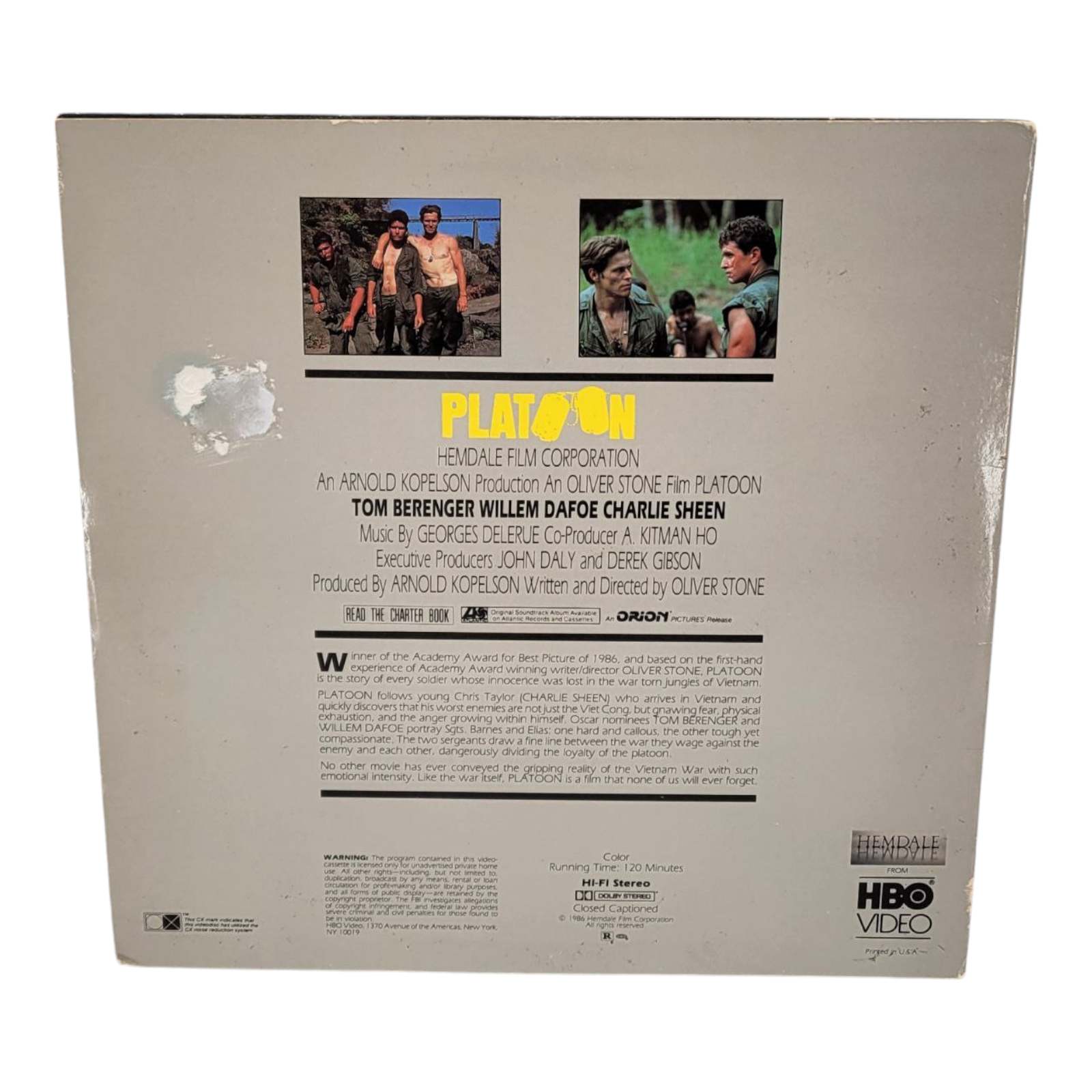 Platoon 1986 Laserdisc HBO Video Charlie Sheen Oliver Stone Willem Dafoe