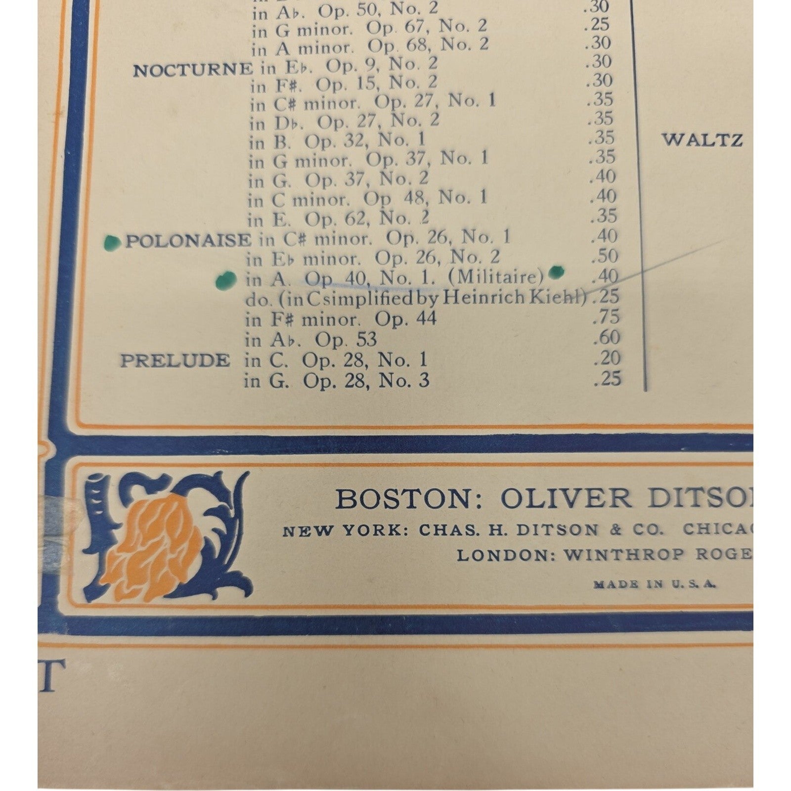 Chopin Polonaise Militaire Op 40 No 1 Vintage Sheet Music Oliver Ditson Co