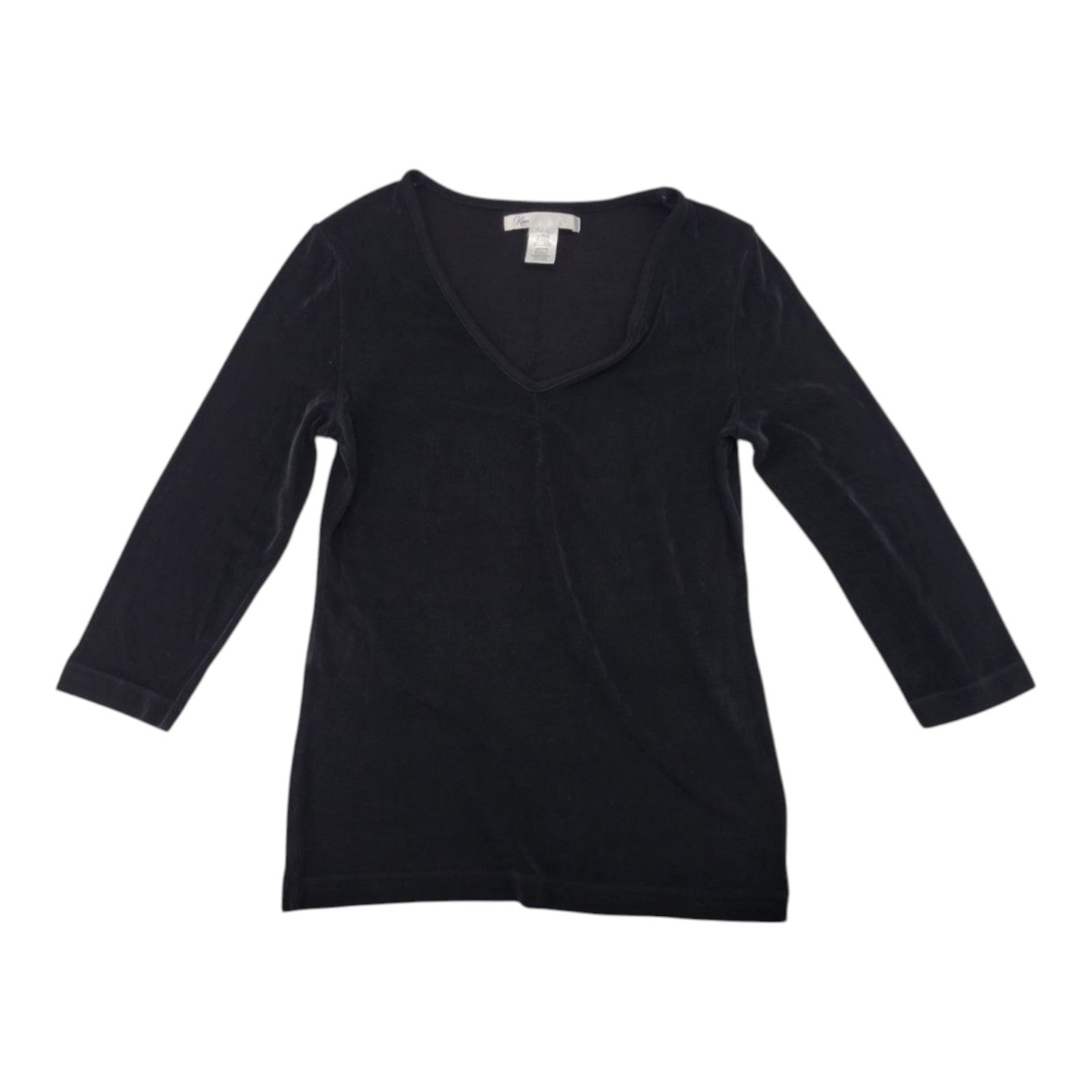 Kiara Women's Black Velvet V-Neck Top 3/4 Sleeve Stretch Acetate Blend Size M