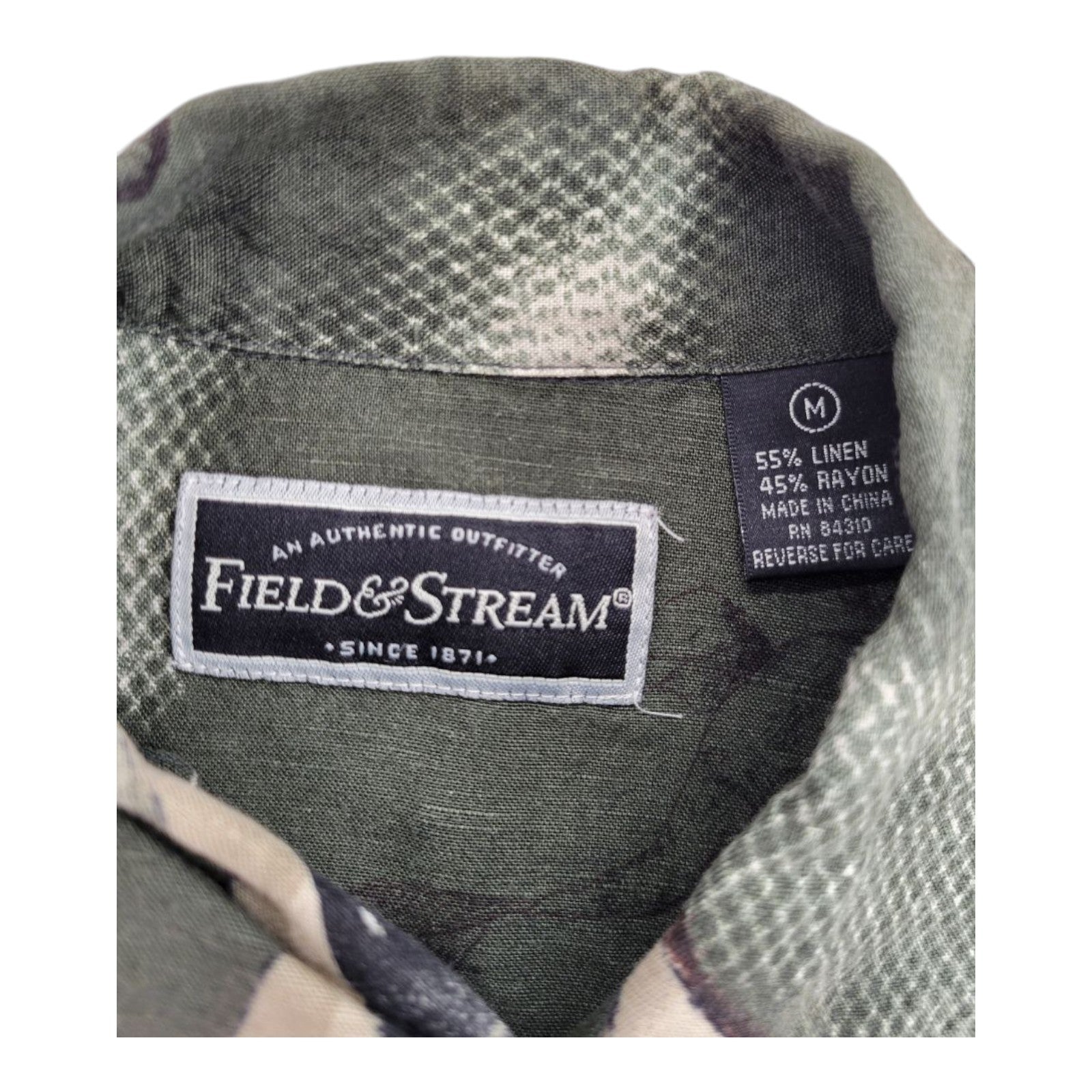 Field & Stream Fishing Print Button Front Shirt Green Linen Blend Men's M