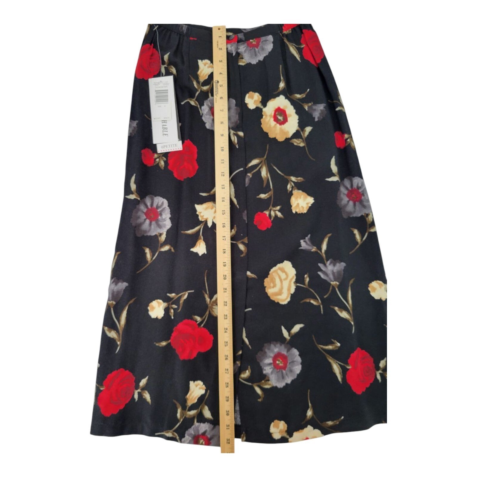 Sag Harbor Petite Black Floral A-Line Midi Skirt Rayon Crepe Size 6