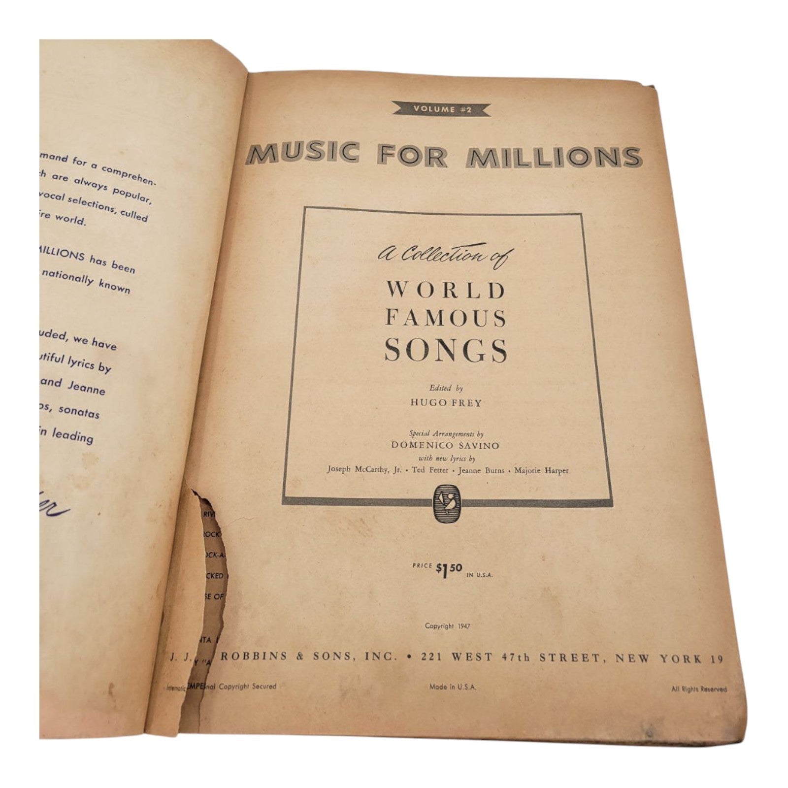 Music For Millions Volume 2 World Famous Songs 1947 Sheet Music Hugo Frey