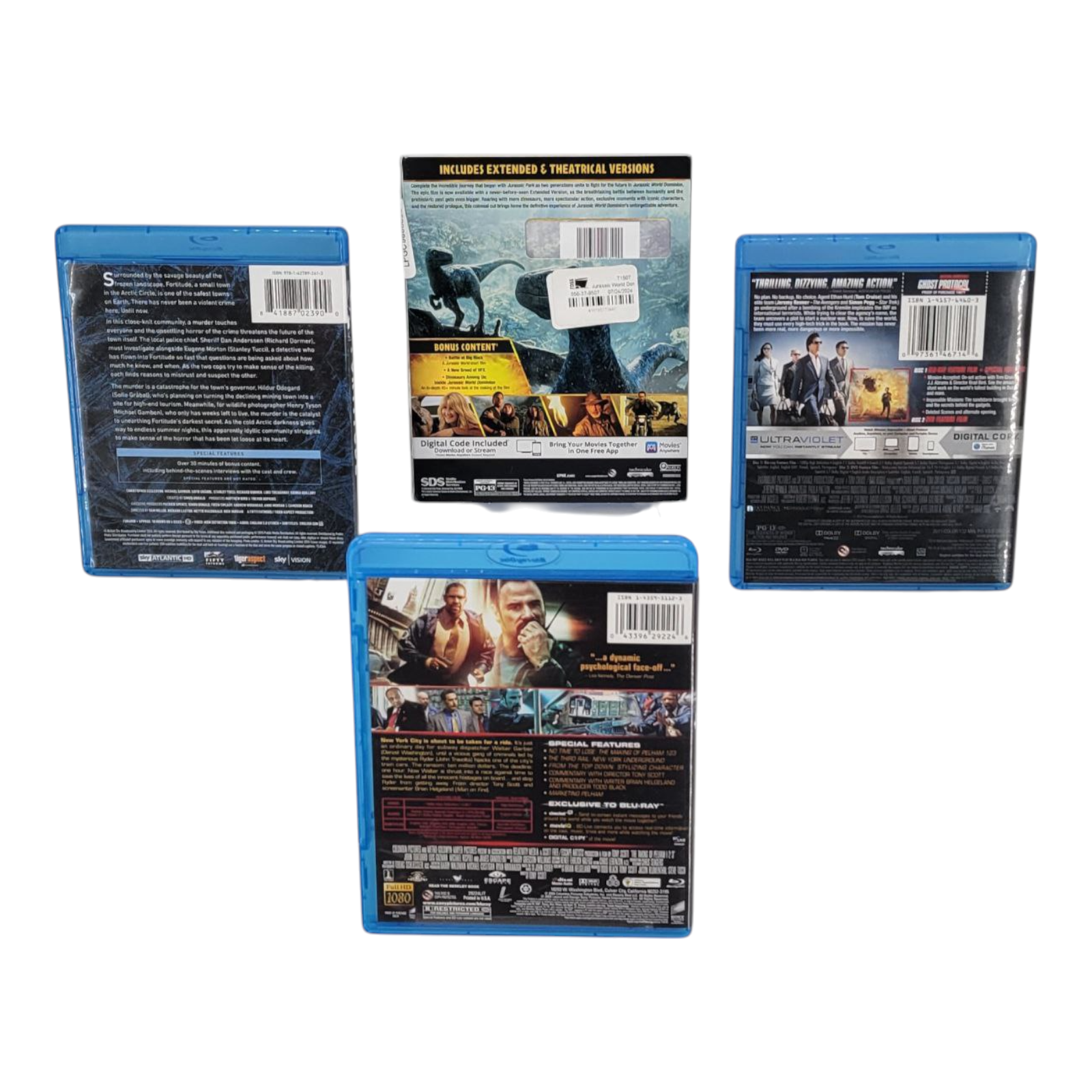 Jurassic World Fortitude Ghost Protocol Pelham 123 Blu-ray Movie Bundle Lot of 4