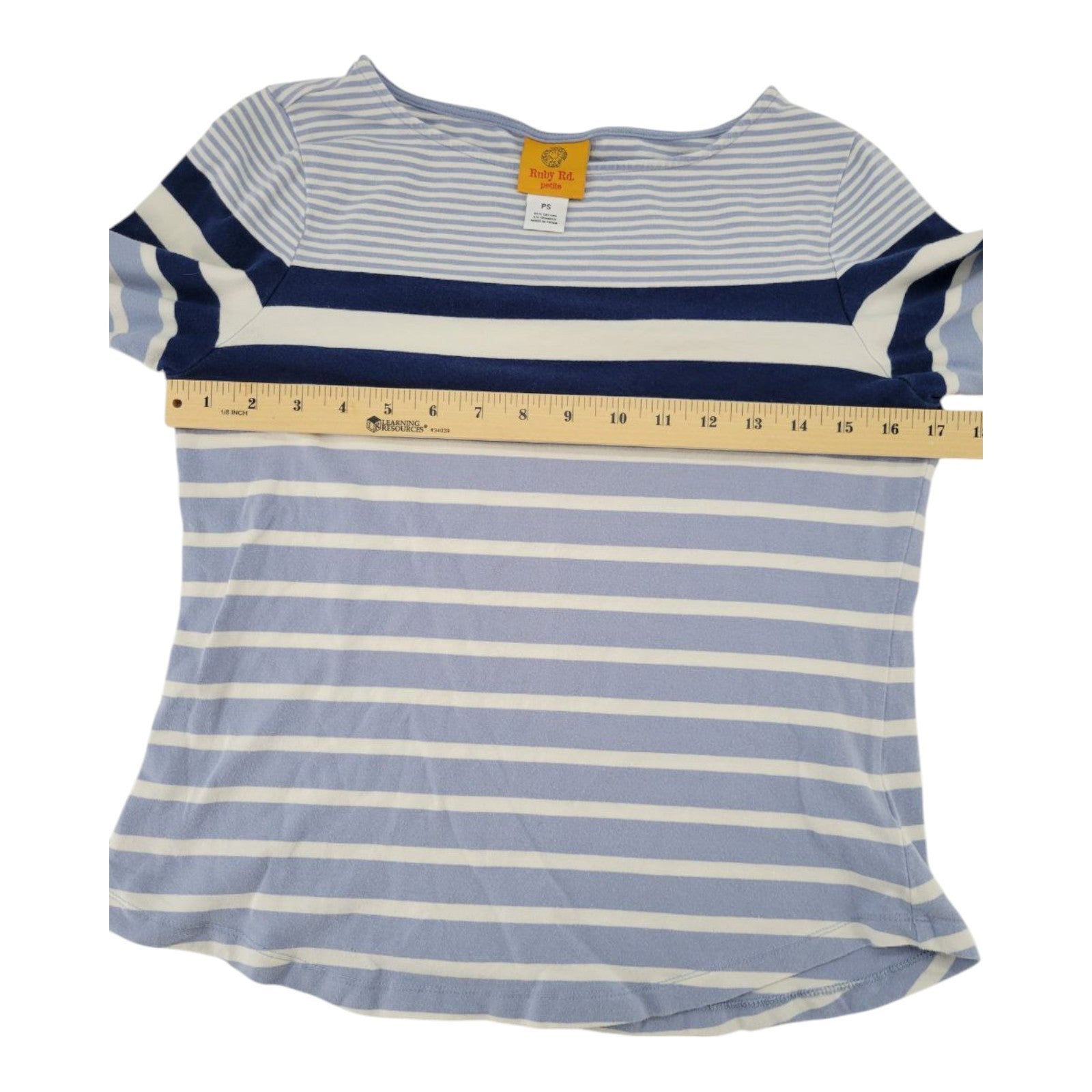Ruby Rd Petite Blue White Striped Boat Neck 3/4 Sleeve Shirt Stretch Size PS