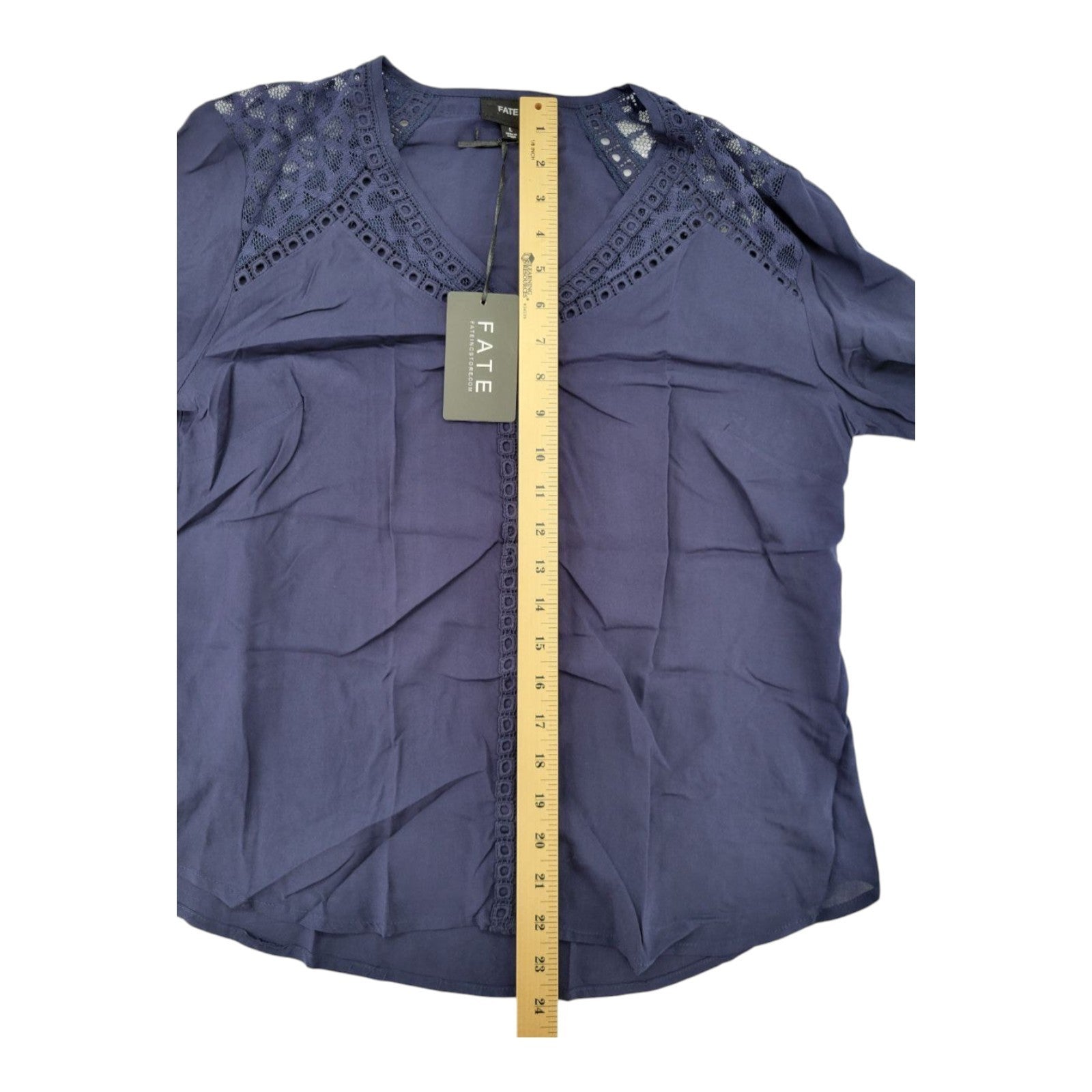 FATE Women's Navy Blouse Large 3/4 Sleeve Top Crochet Lace Trim