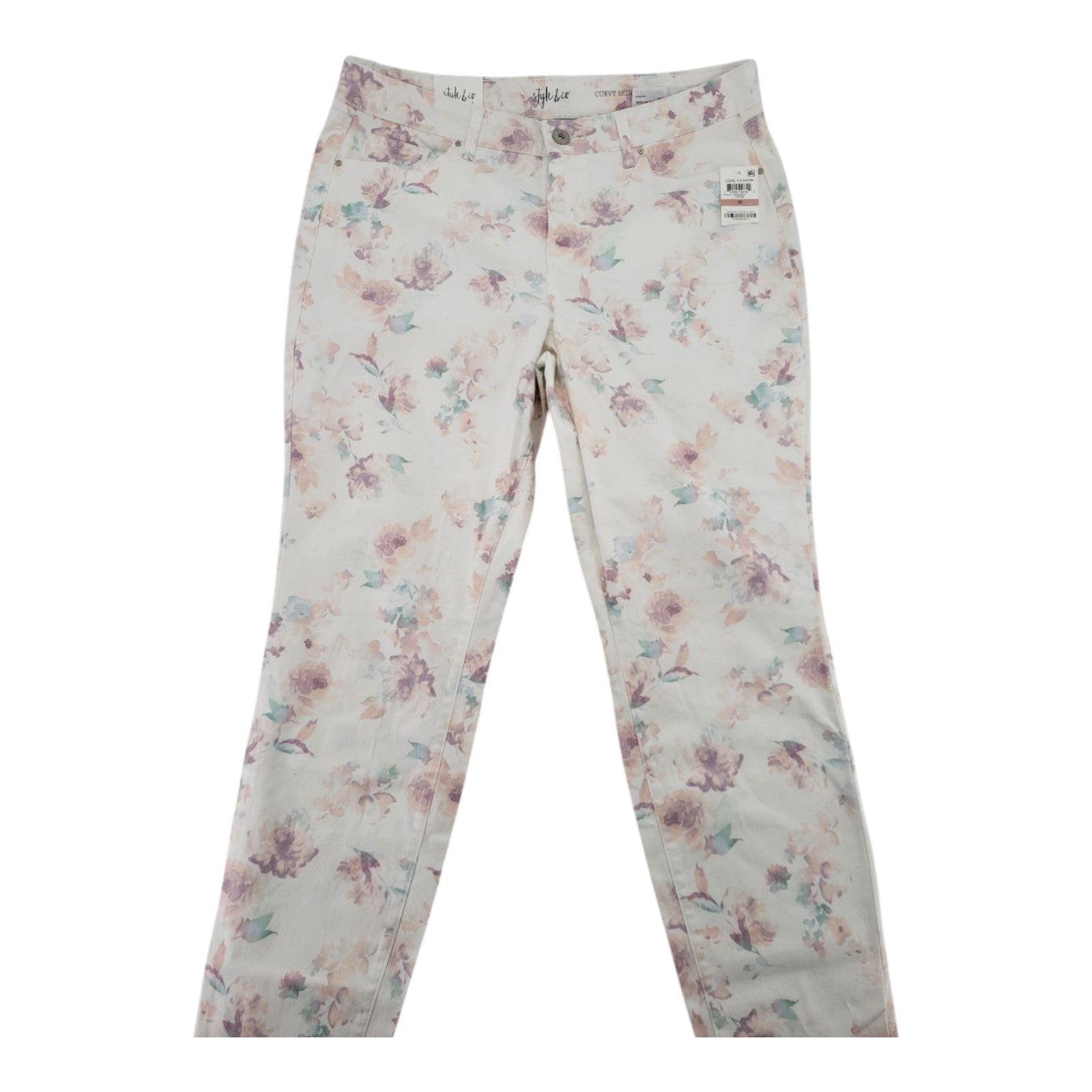 Style & Co Women's Curvy Skinny Jeans 12 Cream Floral Mid Rise Tummy Control
