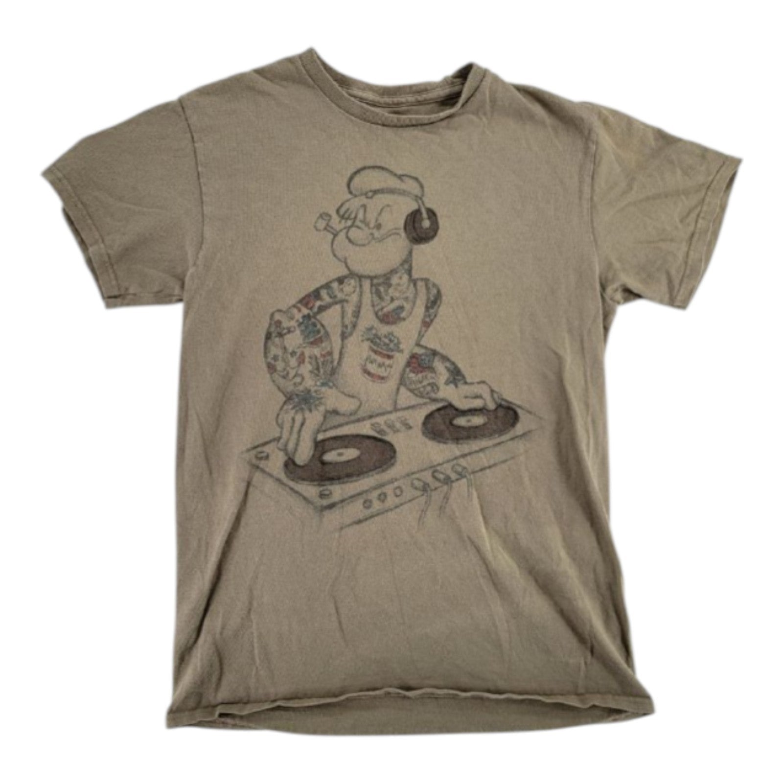 Popeye DJ Graphic T-Shirt Tan Vintage Look 100% Cotton Youth Size Small