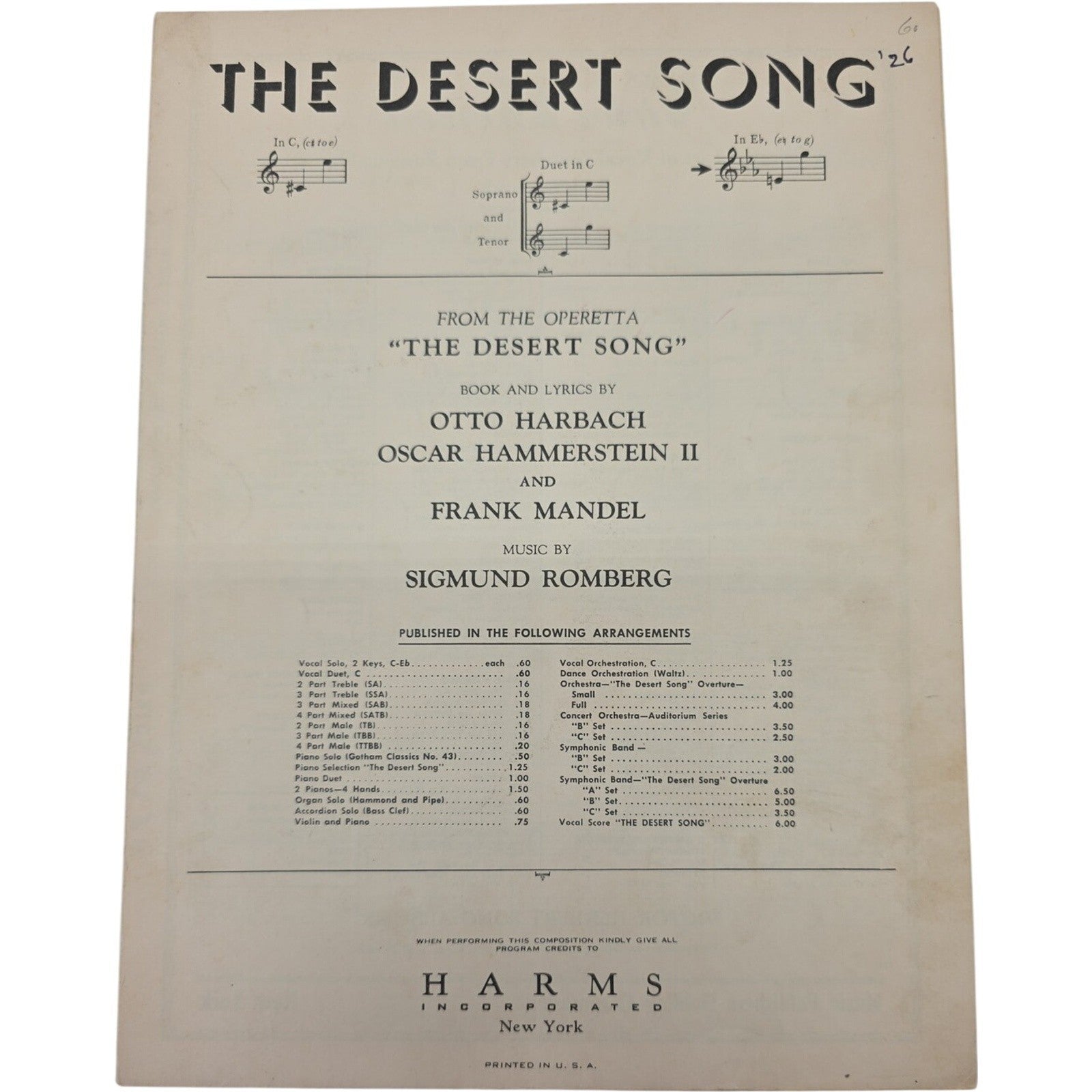 1926 The Desert Song Title Song Sheet Music by Romberg Harbach & Hammerstein