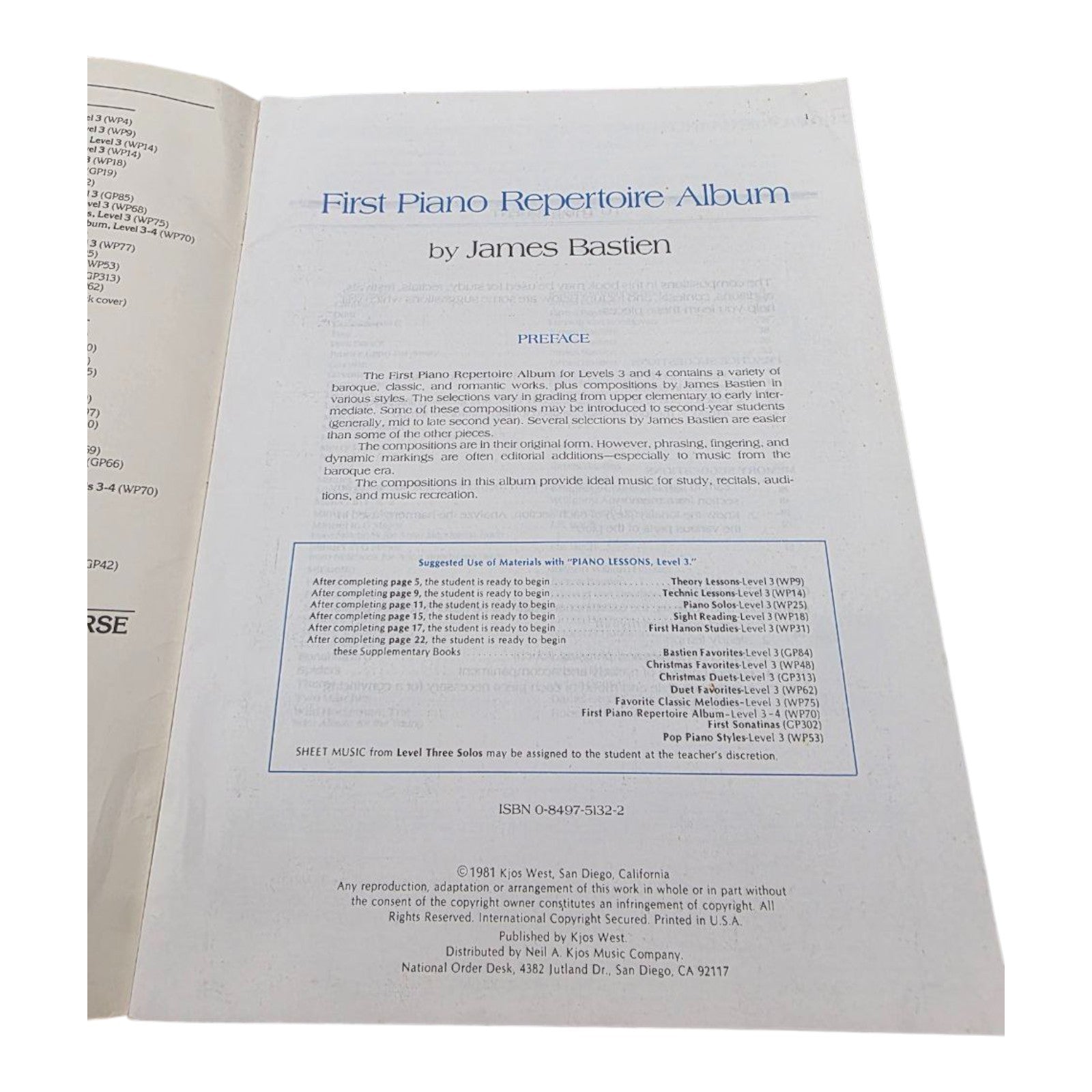 First Piano Repertoire Album Sheet Music by James Bastien 1981 Kjos Music