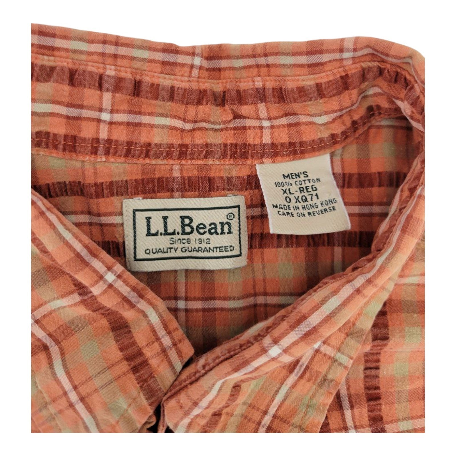 L.L. Bean Men's XL Plaid Shirt Orange Short Sleeve Button Front Cotton