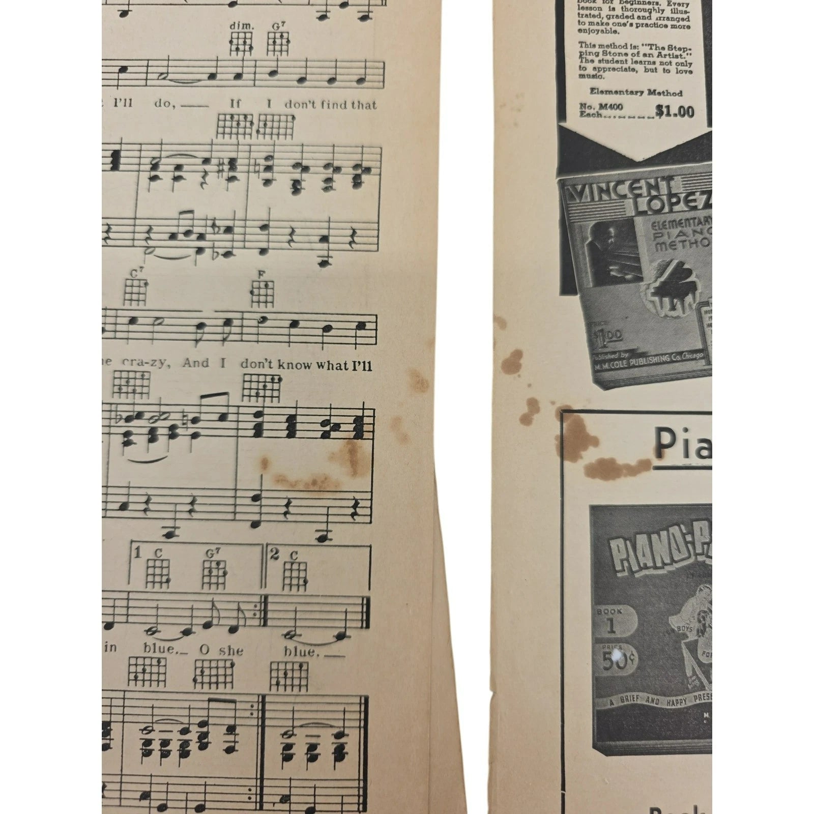 Vintage 1935 Sheet Music The Little Girl Dressed In Blue Piano by F N Vinard