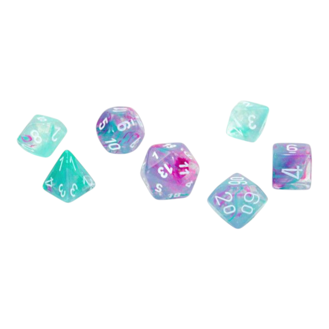 Chessex Luminary Nebula Wisteria 7 Dice Set Cube with White Numbers
