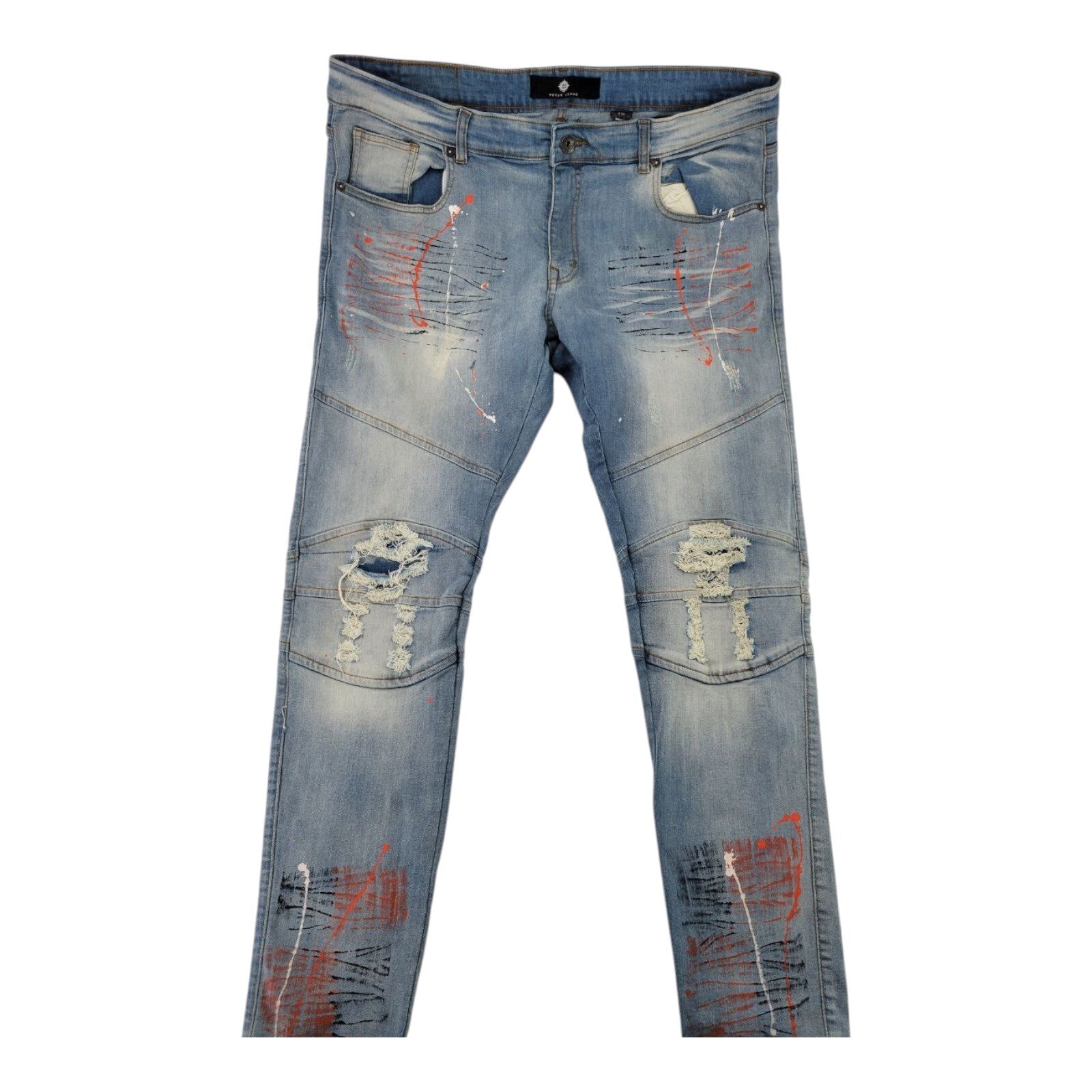 Focus Jeans Mens Paint Splatter Moto Biker Denim Pants Distressed Style 32L