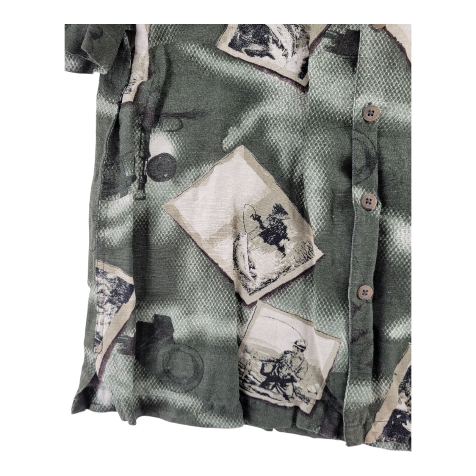 Field & Stream Fishing Print Button Front Shirt Green Linen Blend Men's M