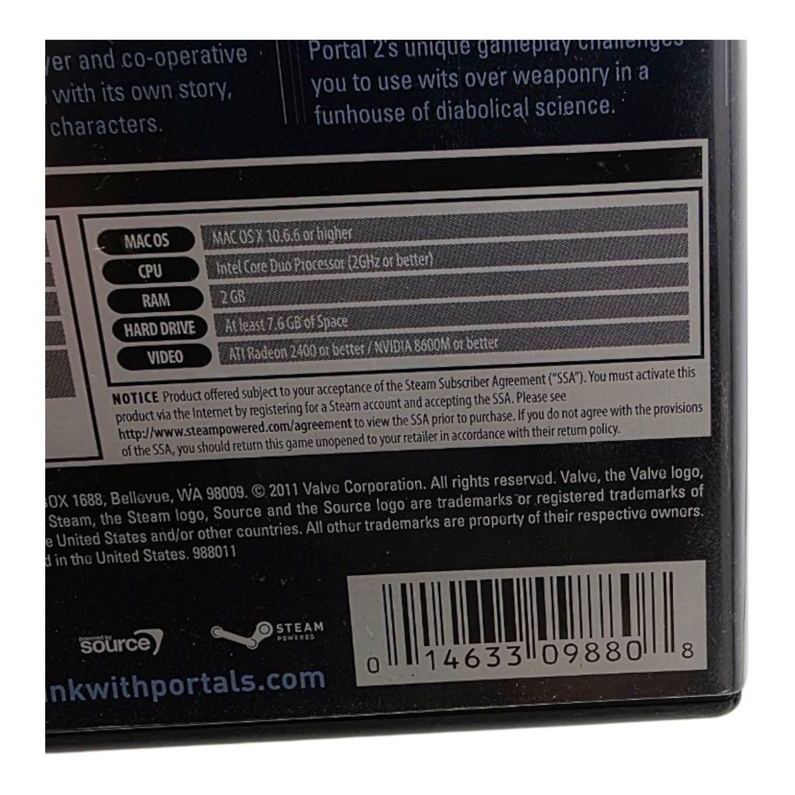 Portal 2 PC Mac DVD-ROM Game Valve 2011 WIN/MAC Tested no Manual