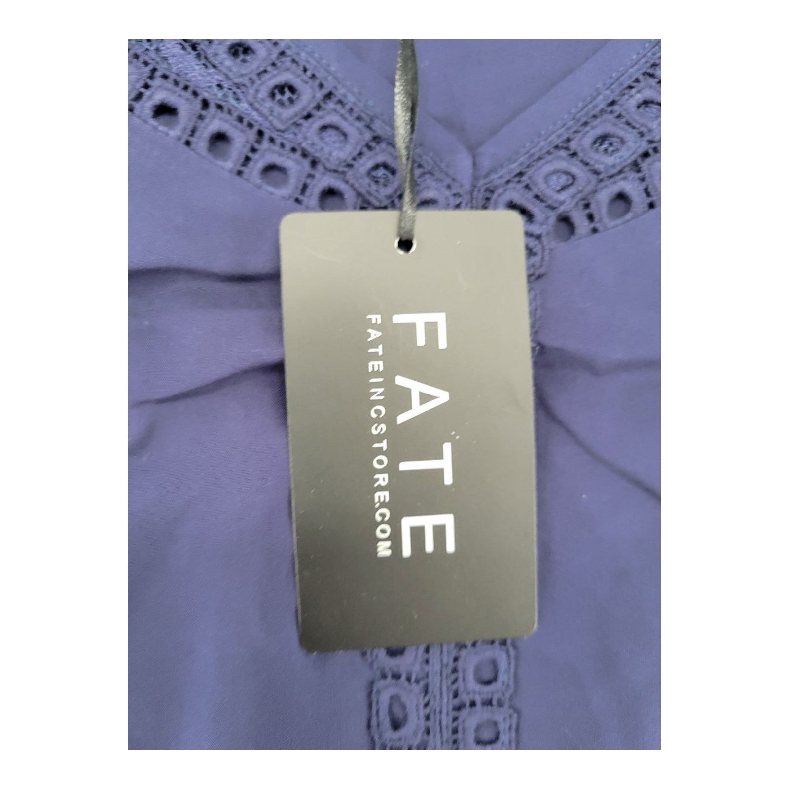 FATE Women's Navy Blouse Large 3/4 Sleeve Top Crochet Lace Trim