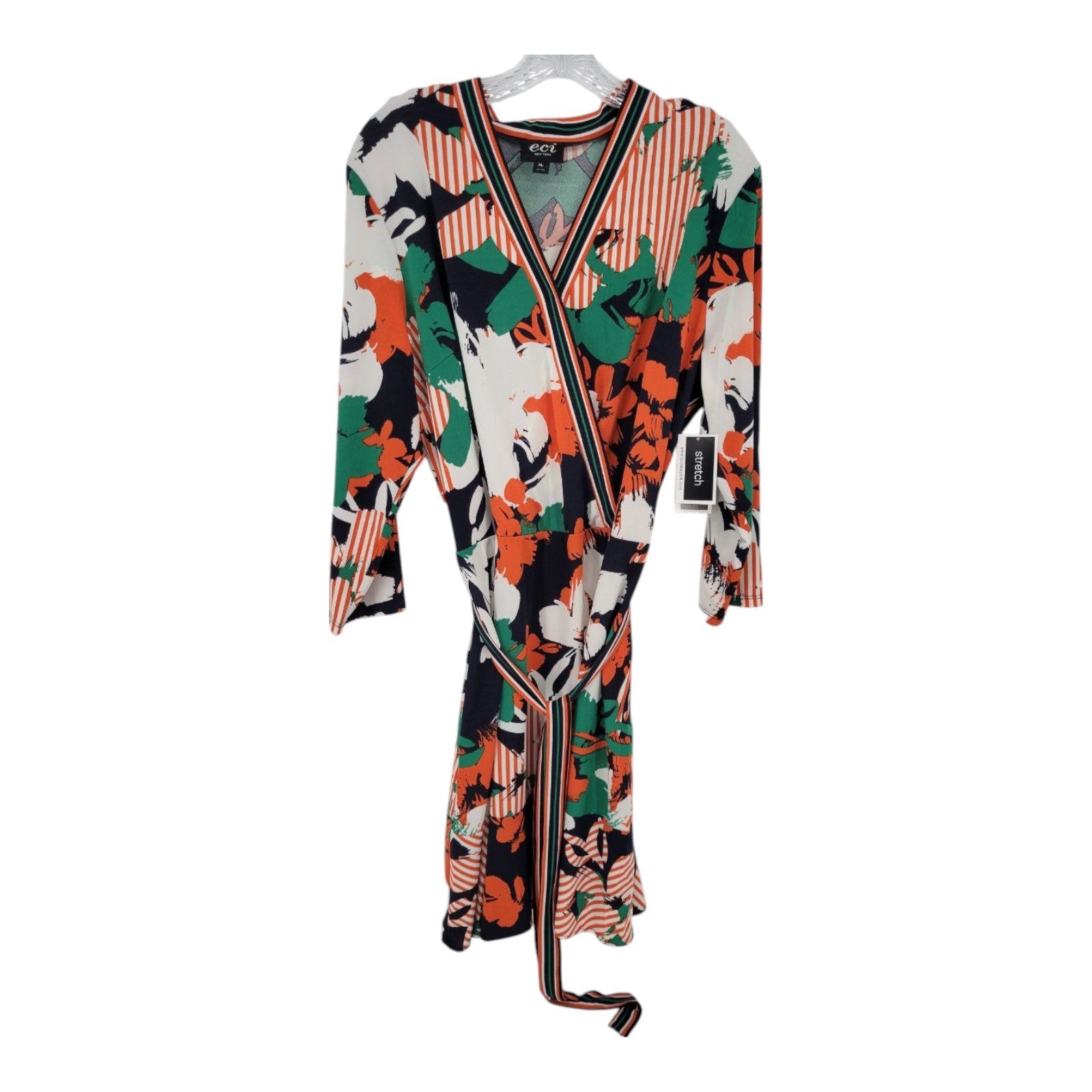 ECI New York Womens Wrap Dress Navy Orange Green Floral Stripe Stretch XL