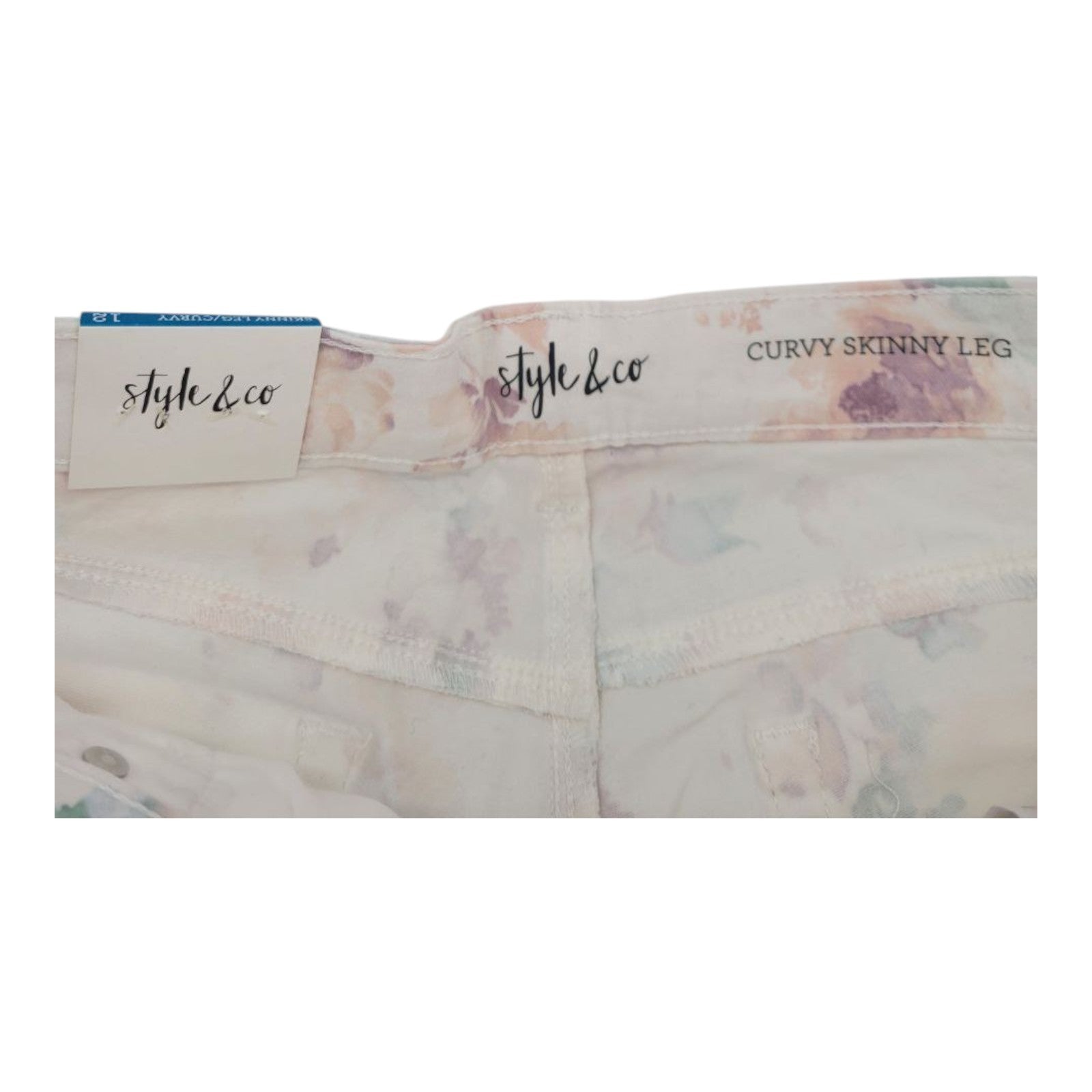 Style & Co Women's Curvy Skinny Jeans 12 Cream Floral Mid Rise Tummy Control