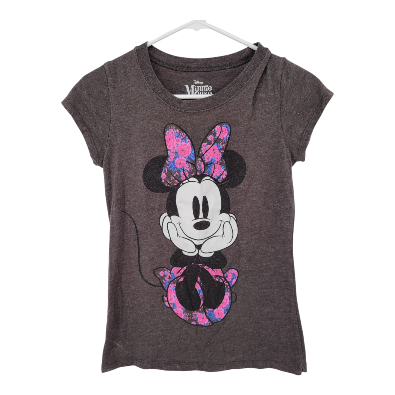 Disney Minnie Mouse Girls T-Shirt Gray Floral Bow Short Sleeves Size Medium