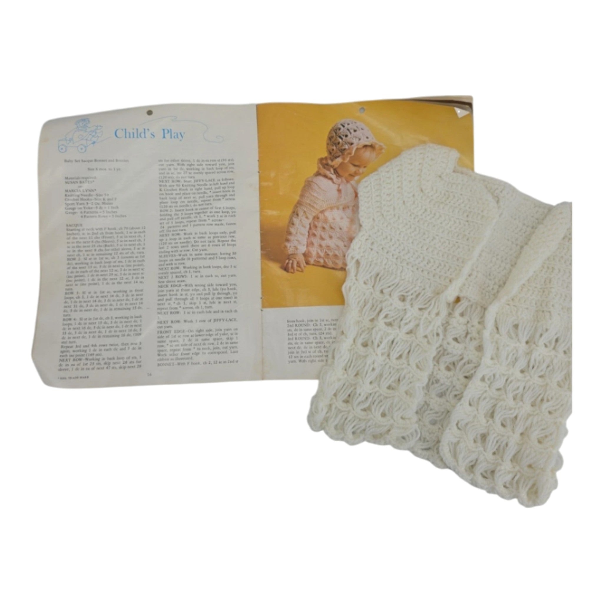 Vintage unfinished crochet baby outfit w/ Exciting Jiffy-Lace Crochet Pattern